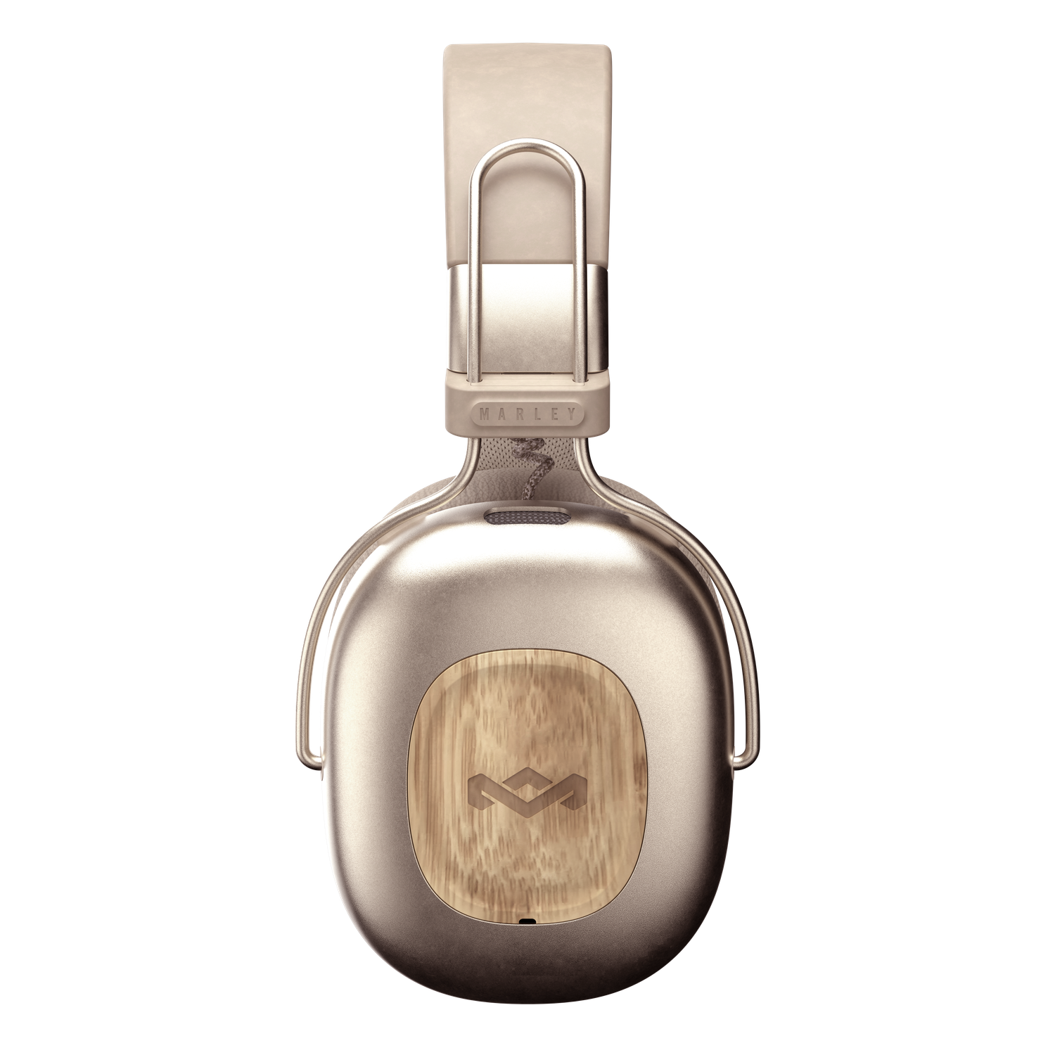 Une paire d'écouteurs or rose avec des accents en bois. Les écouteurs sont sur fond noir. La marque est Marley.