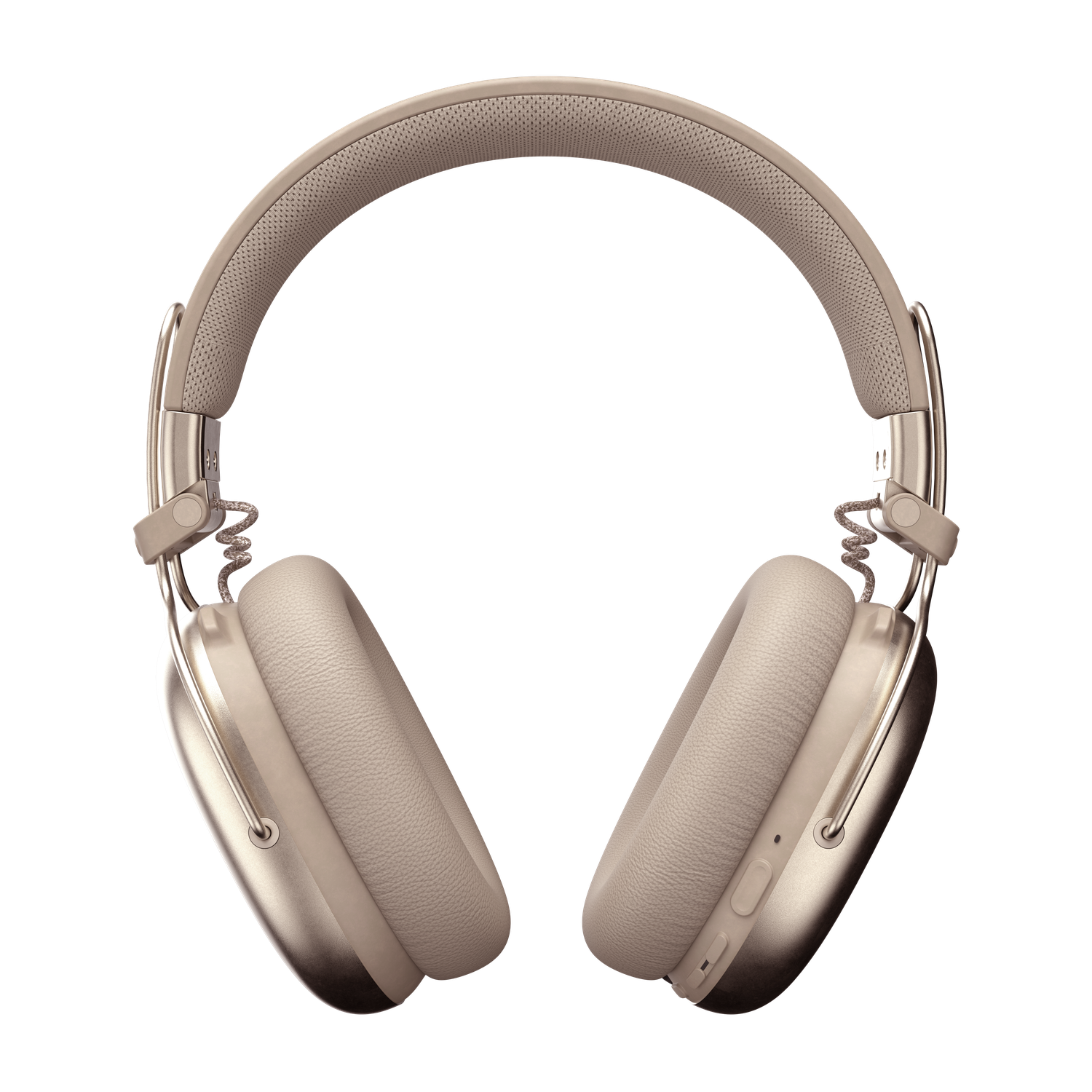 Casque audio beige sur fond noir. Les écouteurs et le bandeau sont beiges. Les parties métalliques sont argentées. Le casque est centré.