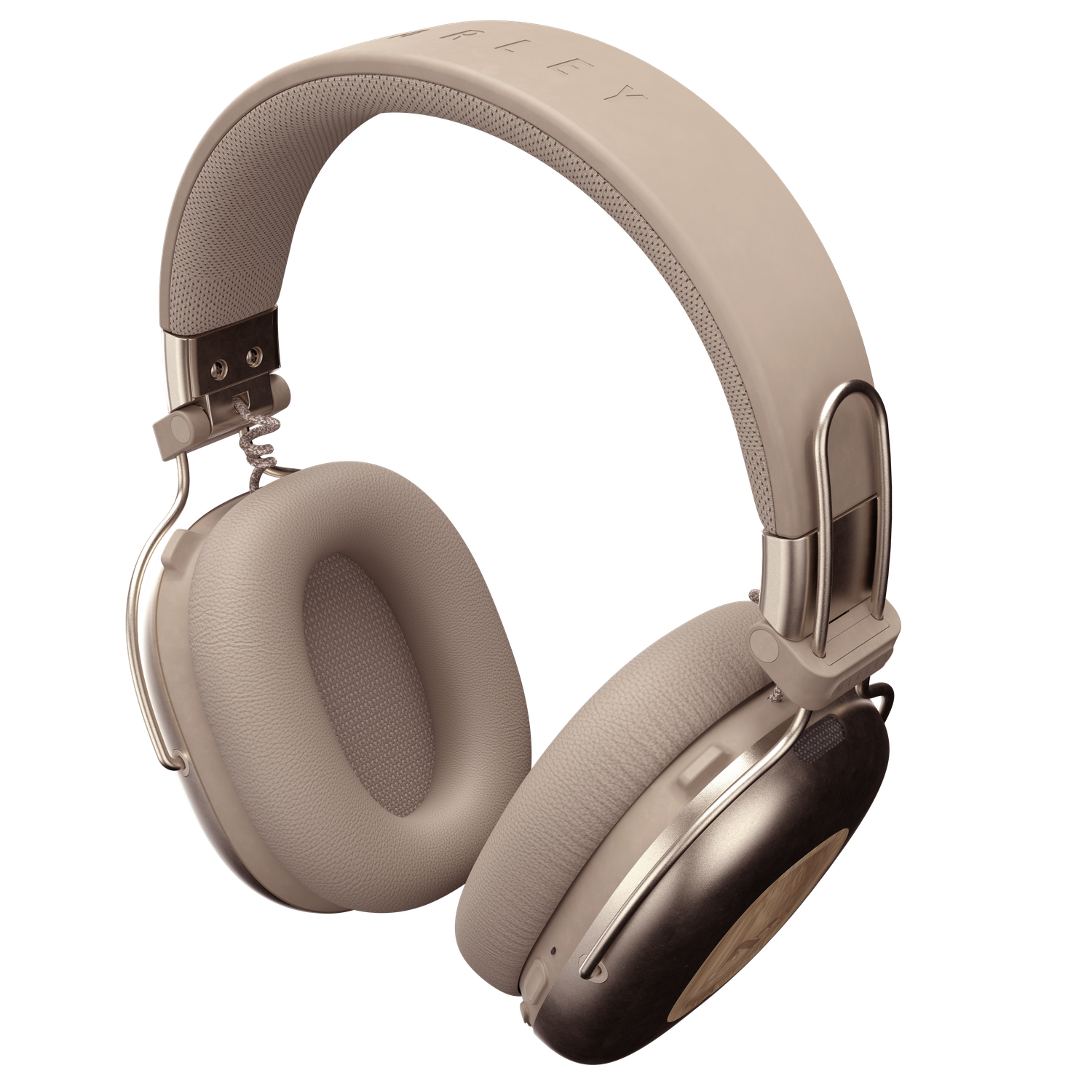 Casque audio beige avec des détails argentés sur fond noir. Les écouteurs et l'arceau sont rembourrés. Le nom de la marque est sur l'arceau.