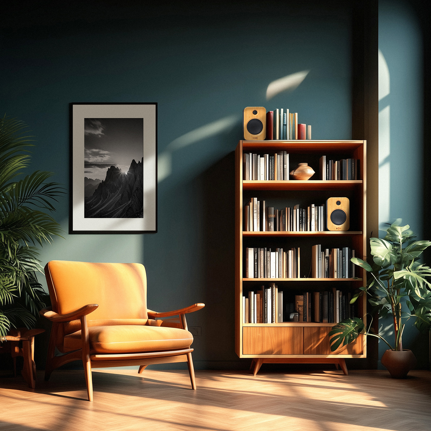 Een kamer met een gele stoel, een boekenkast en een zwart-wit ingelijste foto. De boekenkast staat vol boeken, luidsprekers en een vaas.