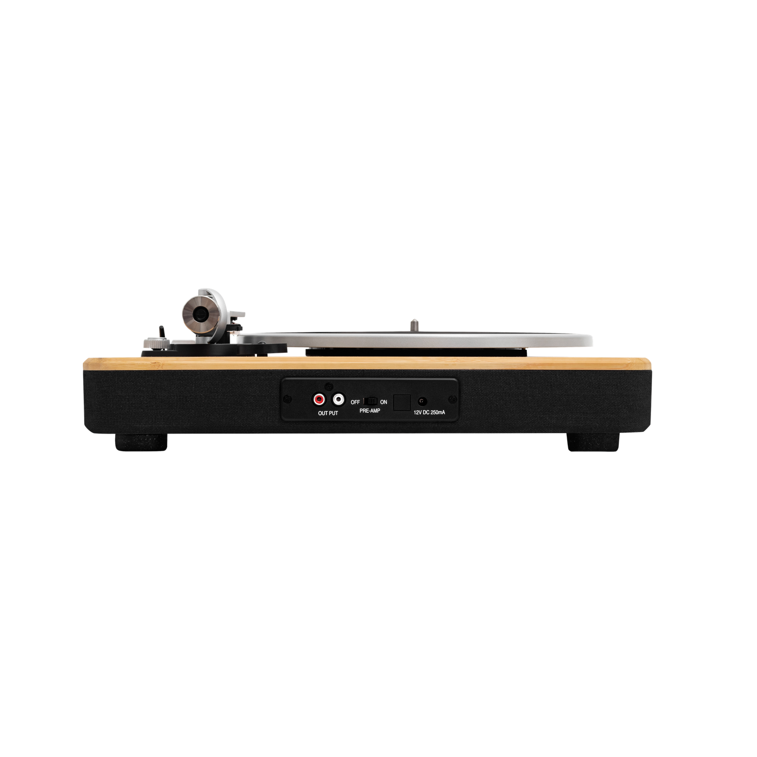 A turntable with a silver arm and a black base. It has buttons and output ports. The background is solid black.
