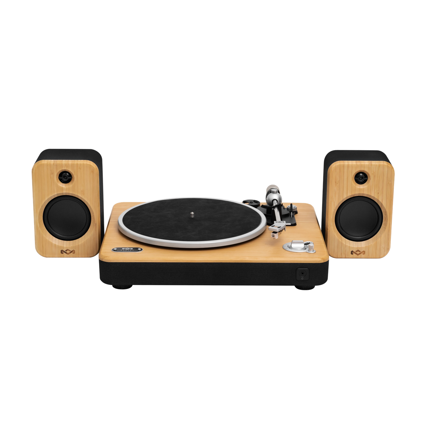 A record player with two speakers. The player is bamboo-colored with a black base. Speakers are bamboo with black speaker cones.