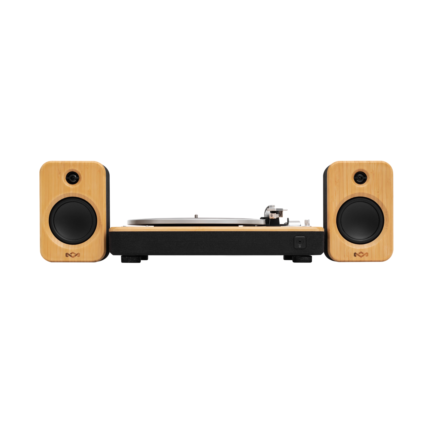 A turntable with two speakers. The speakers are wooden with black speakers. The turntable has a black base.
