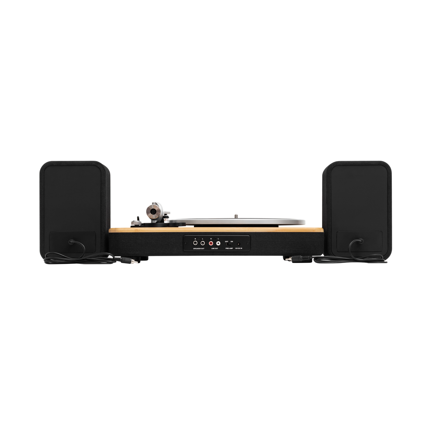 A turntable with two black speakers on both sides. The turntable is black and light brown, with silver components.