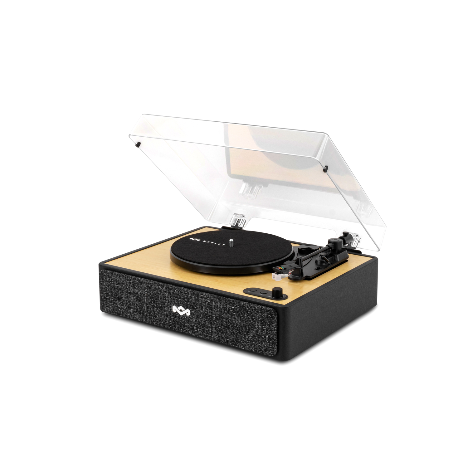 A turntable with a wooden and black design, clear cover, and a black record on top. The background is white.