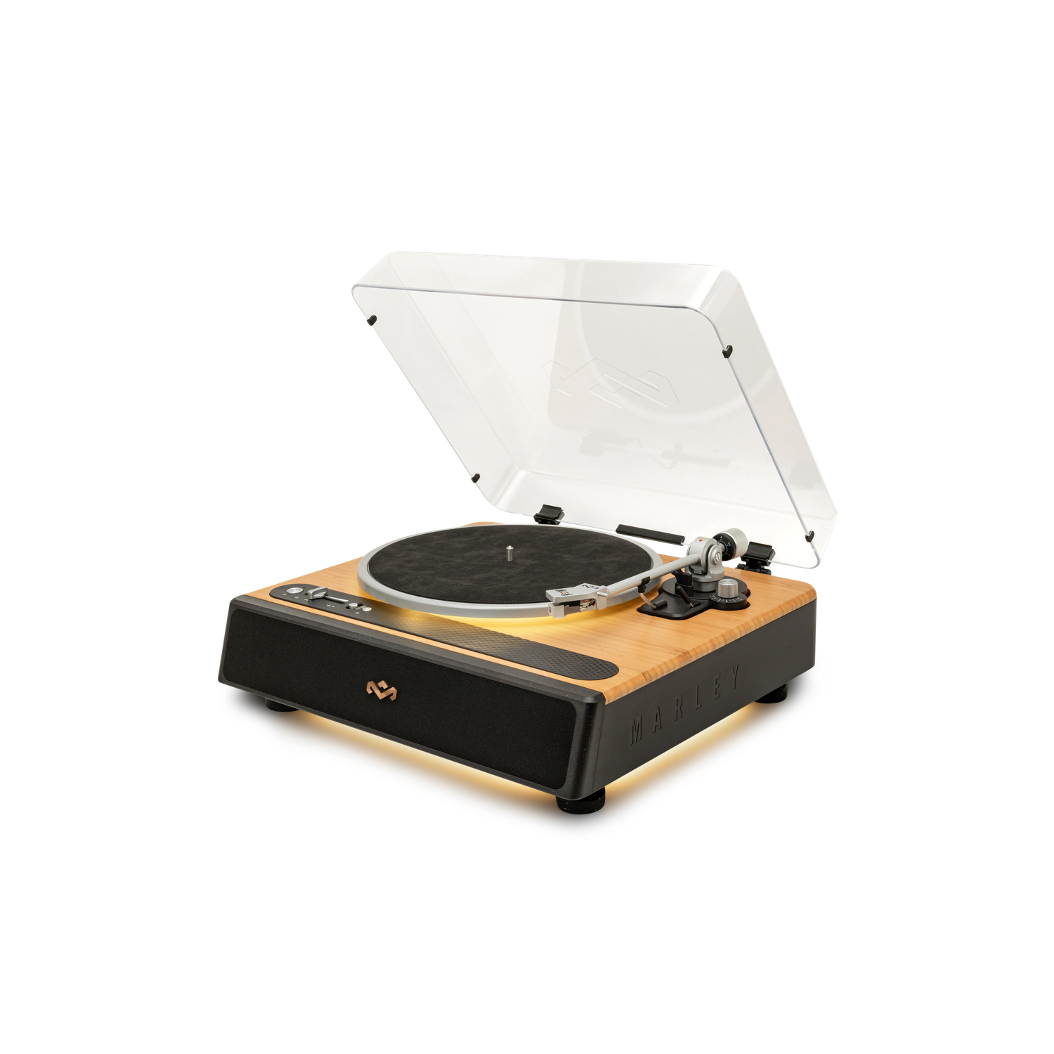 A wooden record player with a clear lid, black speaker, and silver arm. The brand name 'MARLEY' is visible.
