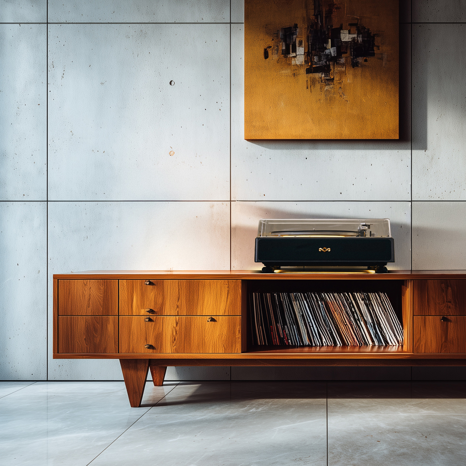 A wooden cabinet with a record player on top. Vinyl records are stored below. An abstract painting hangs above.
