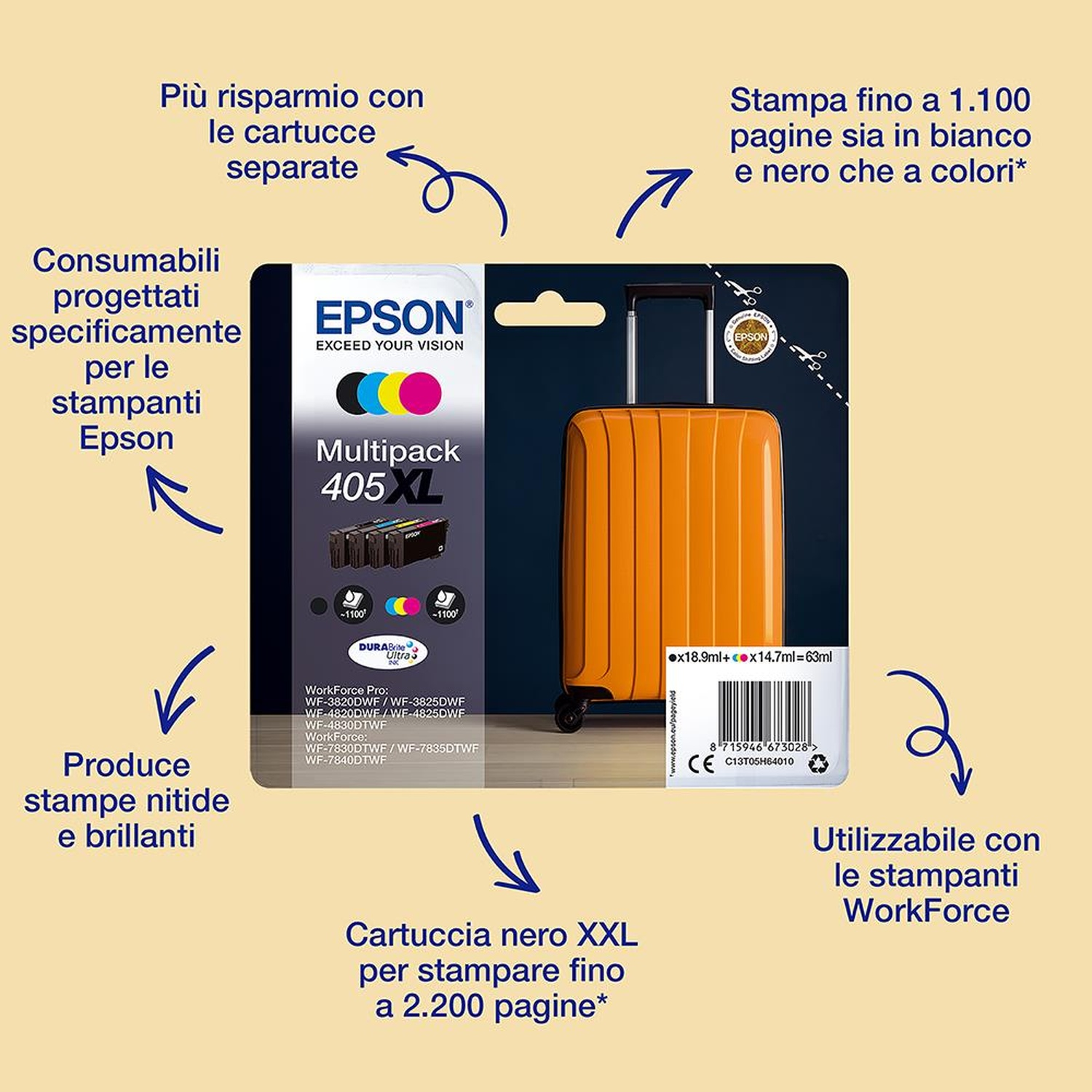 Una valigia arancione accanto a una scatola di cartucce Epson. La scatola presenta testo e loghi, tra cui 'Multipack 405 XL'.