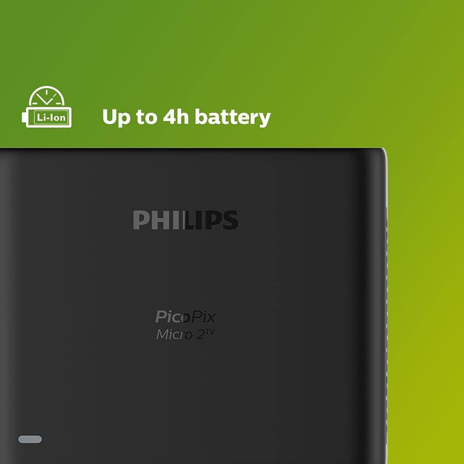 Un proiettore Philips PicoPix Micro 2TV nero con sfondo sfumato verde e giallo. Il testo recita "Fino a 4 ore di batteria".