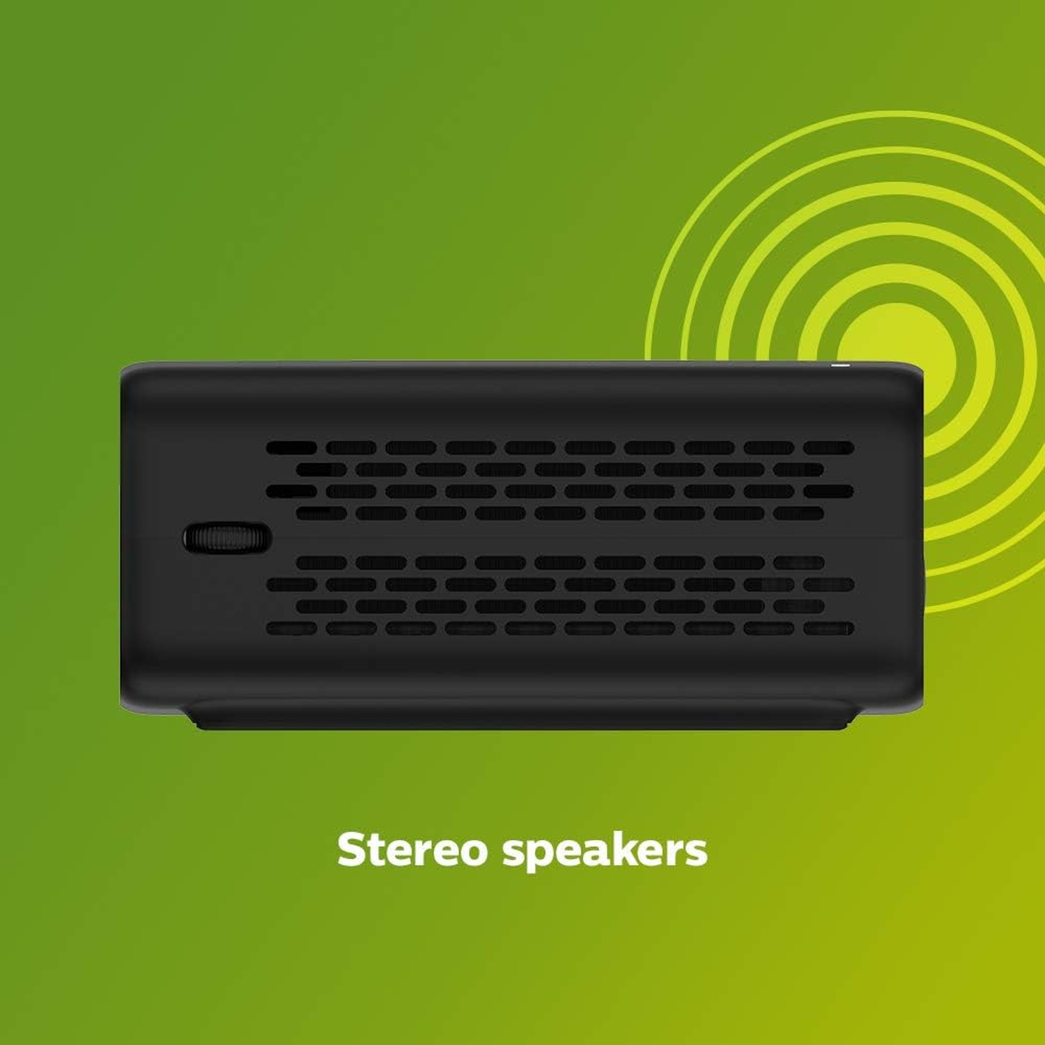 Altoparlante stereo nero su sfondo verde sfumato con cerchi concentrici. Testo in basso: Altoparlanti stereo.