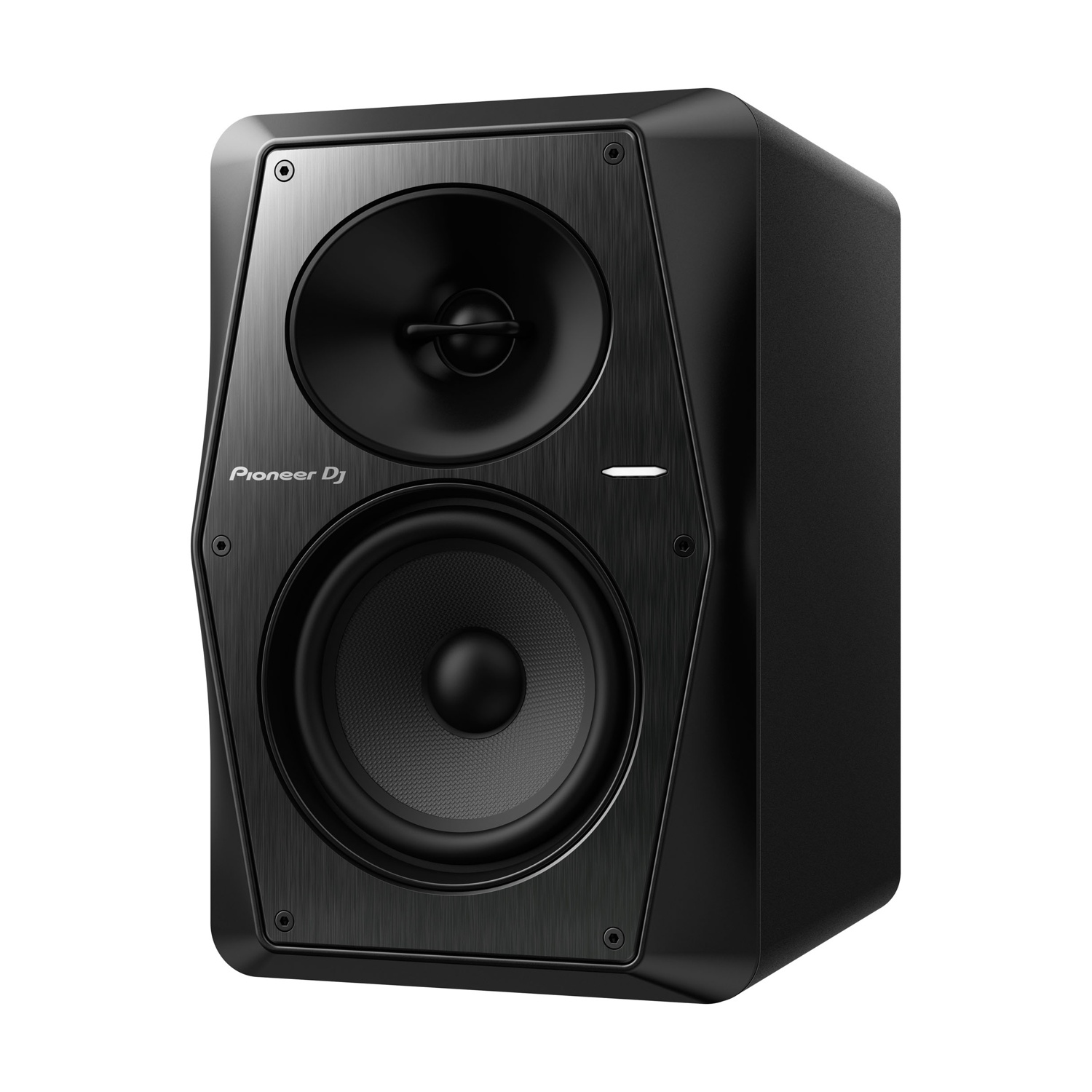 Un altoparlante Pioneer DJ nero. Ha due altoparlanti circolari. L'altoparlante superiore è più piccolo, quello inferiore è più grande.