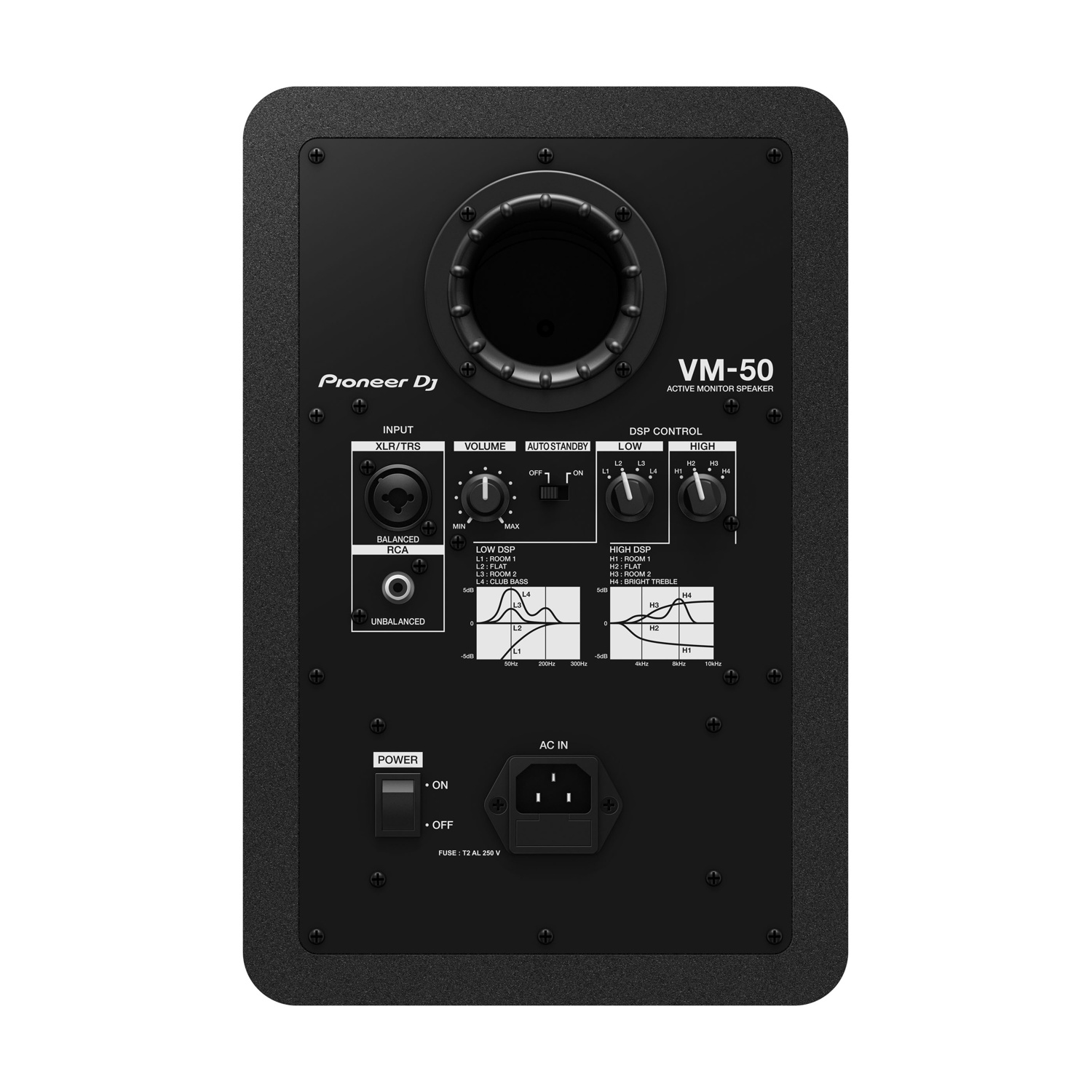Altoparlante monitor attivo Pioneer DJ VM-50 nero. Dispone di ingresso XLR/TRS, volume, controlli DSP e interruttore di alimentazione.