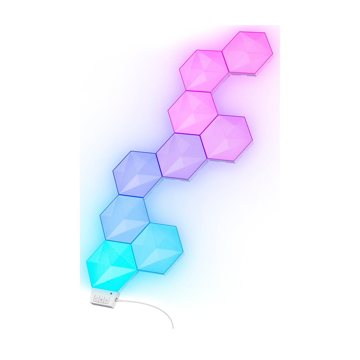 Pannelli LED esagonali nei colori sfumati: rosa, viola, blu e turchese. Un connettore USB bianco è collegato al pannello inferiore.