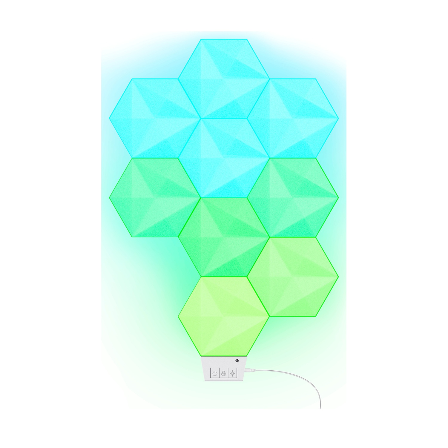 Pannelli luminosi LED esagonali nei toni del verde e del blu, con un pannello di controllo bianco e un cavo bianco.