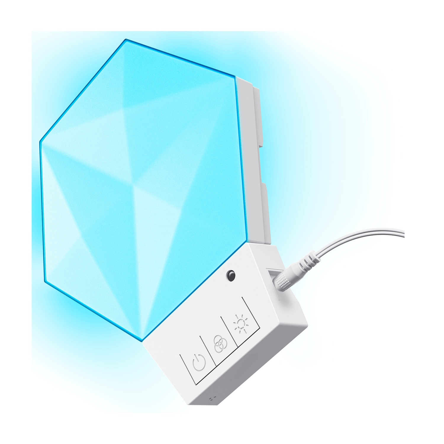 Un pannello bianco geometrico illuminato con un bagliore blu. Ha pulsanti di controllo e un cavo di alimentazione collegato.