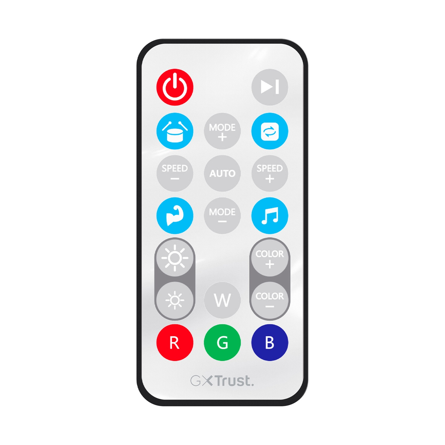 Un telecomando bianco con bordo nero. I pulsanti includono accensione, modalità, velocità, colore e controlli RGB. Il marchio è GXTrust.