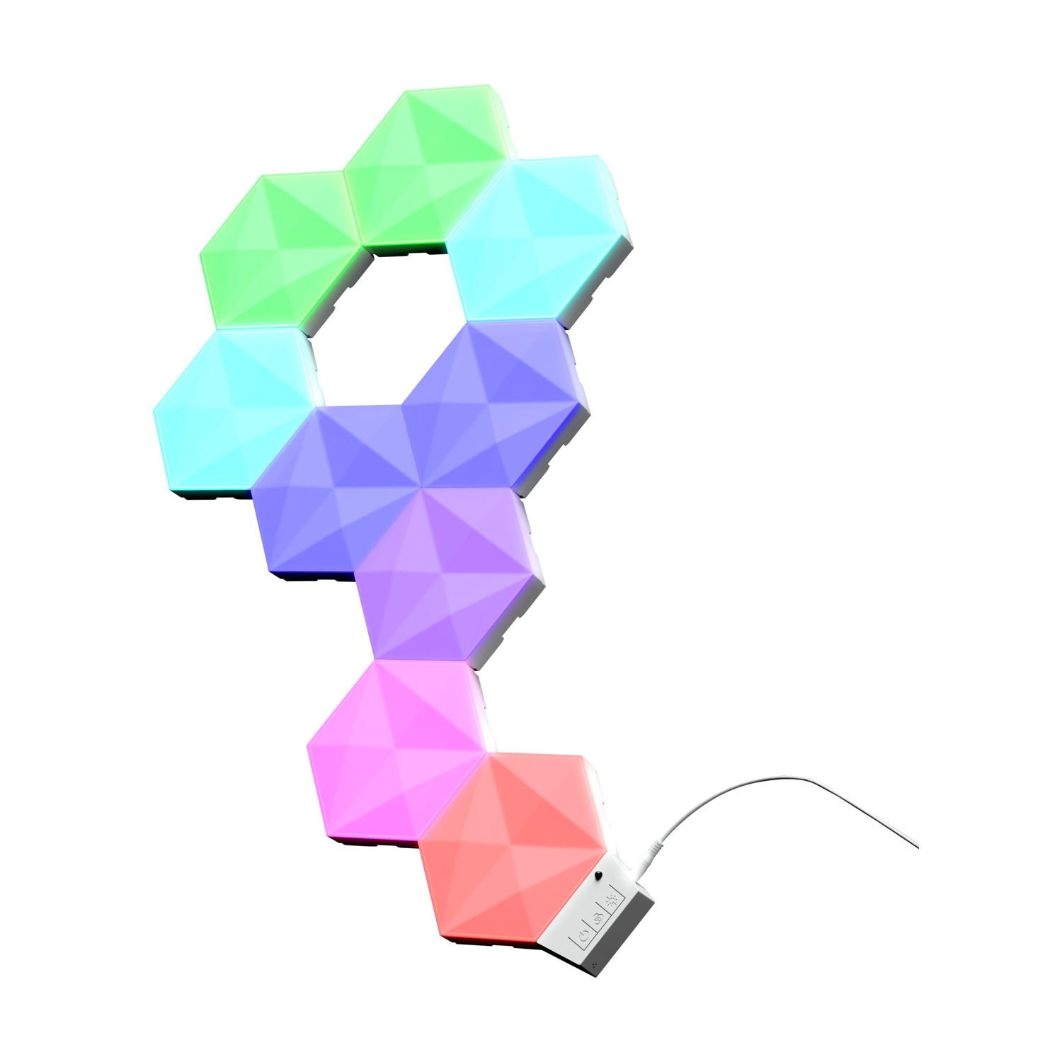 Un gruppo di pannelli LED esagonali che cambiano colore. I colori includono verde, blu, viola, rosa e rosso. Una scatola di controllo bianca in basso.