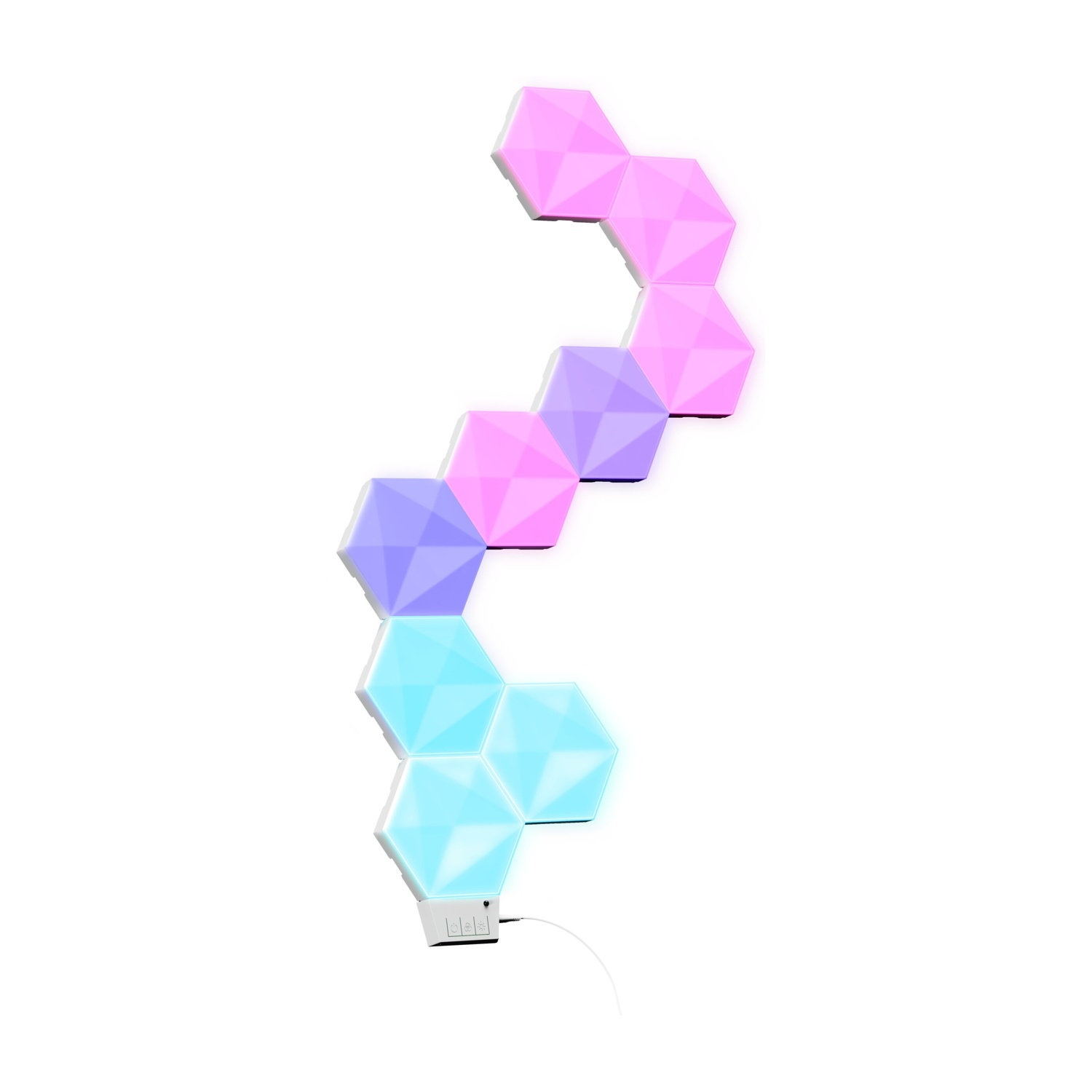 Un array verticale di pannelli LED esagonali rosa, viola e blu su sfondo bianco. Un piccolo modulo di controllo in basso.