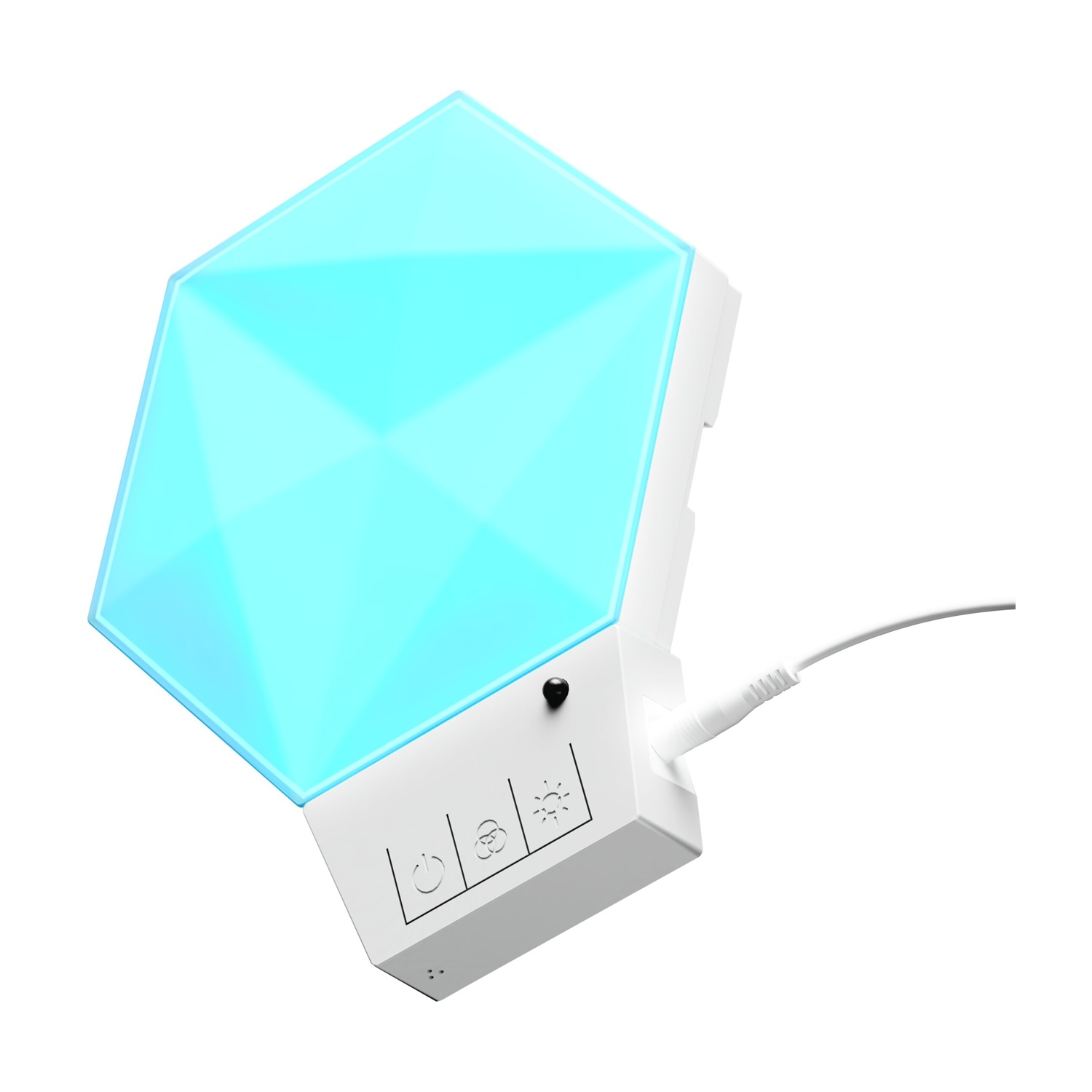 Una luce bianca e geometrica con una superficie turchese a forma di diamante. Ha pulsanti di controllo e un cavo di alimentazione. Lo sfondo è bianco.