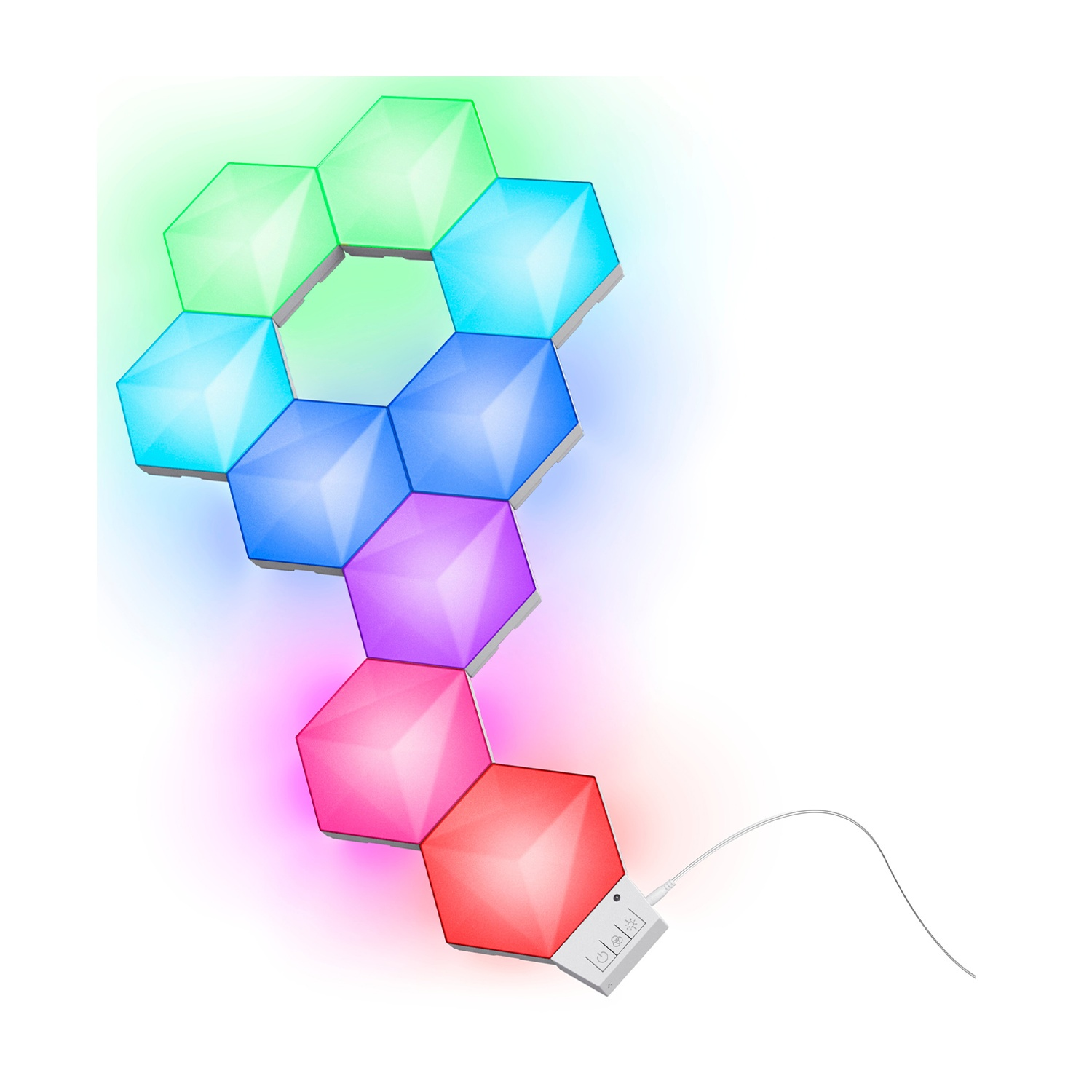Luci a LED esagonali che cambiano colore, collegate a un pannello di controllo e a un cavo di alimentazione. I colori vanno dal verde al rosso.