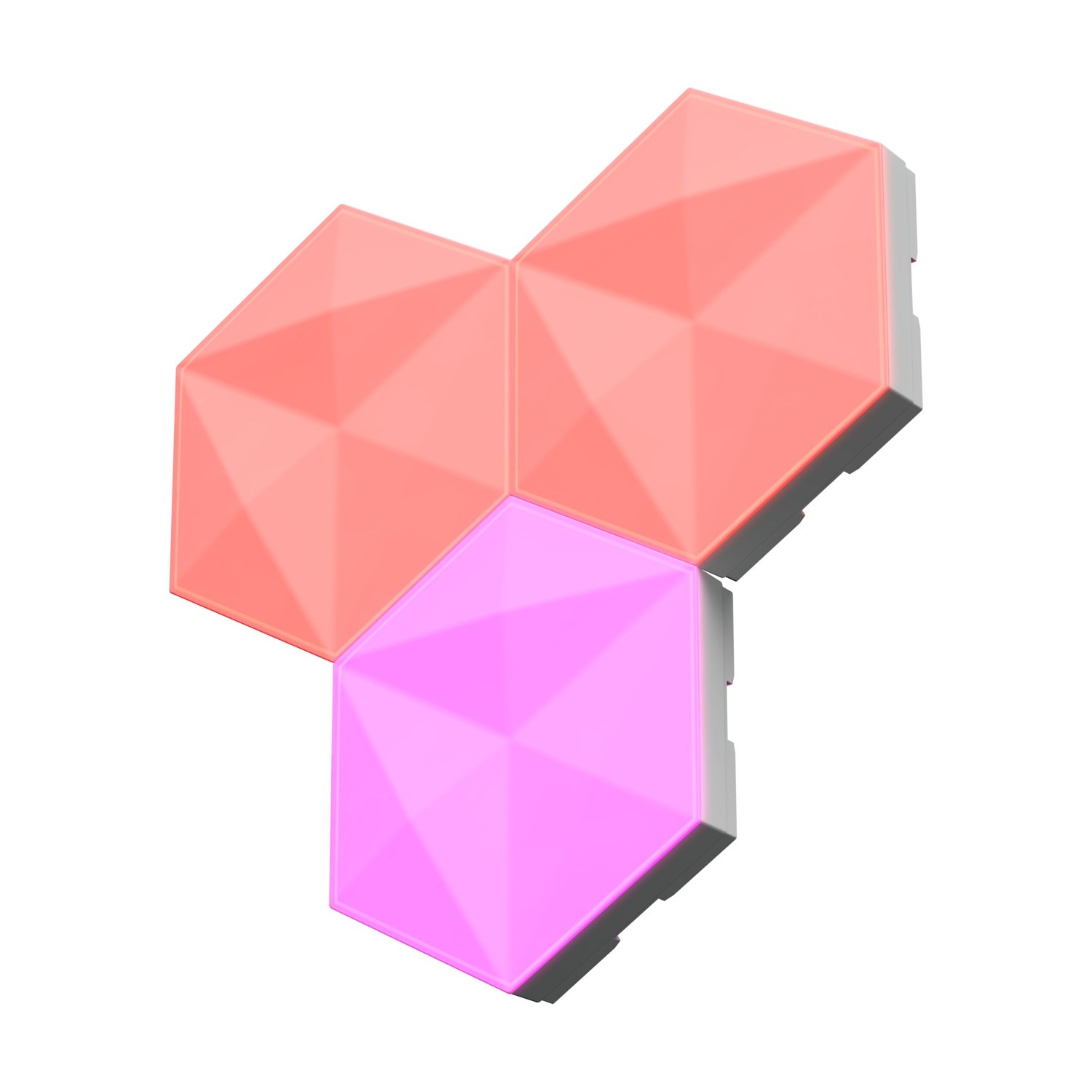 Tre pannelli luminosi esagonali. Due sono color salmone, uno è rosa. Sono disposti a forma triangolare, su sfondo bianco.