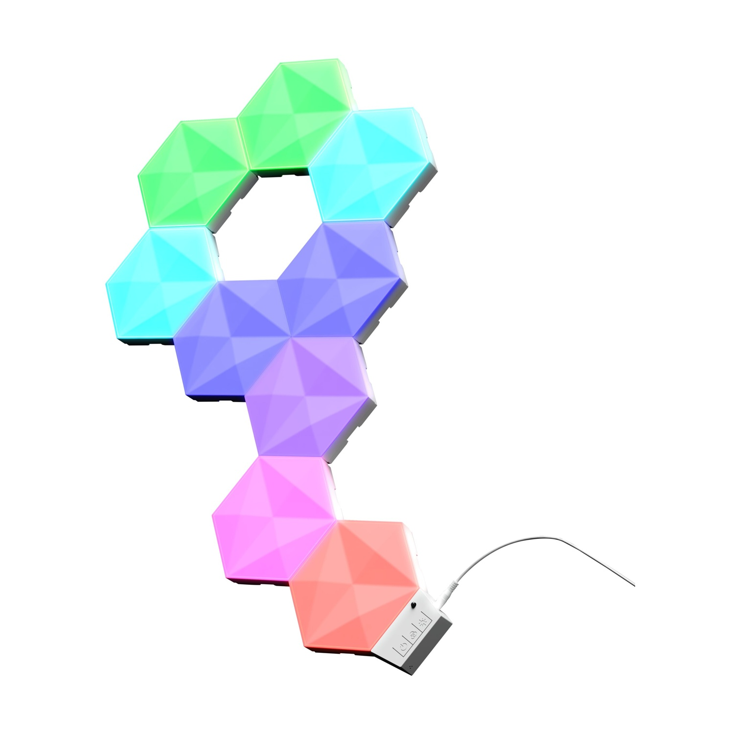 Una collezione di pannelli LED esagonali colorati. I pannelli sono collegati e hanno un'unità di controllo con un cavo di alimentazione.