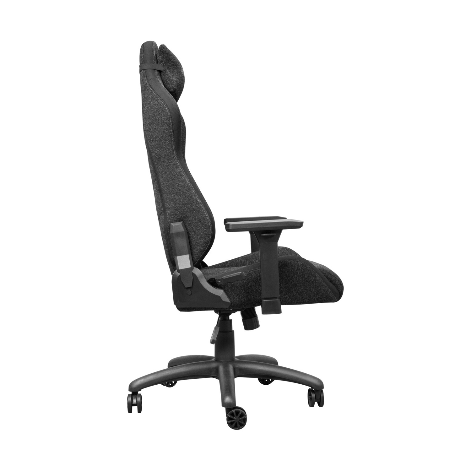 Una sedia da ufficio ergonomica grigia e nera. Ha uno schienale alto, braccioli e una base a cinque stelle con ruote.