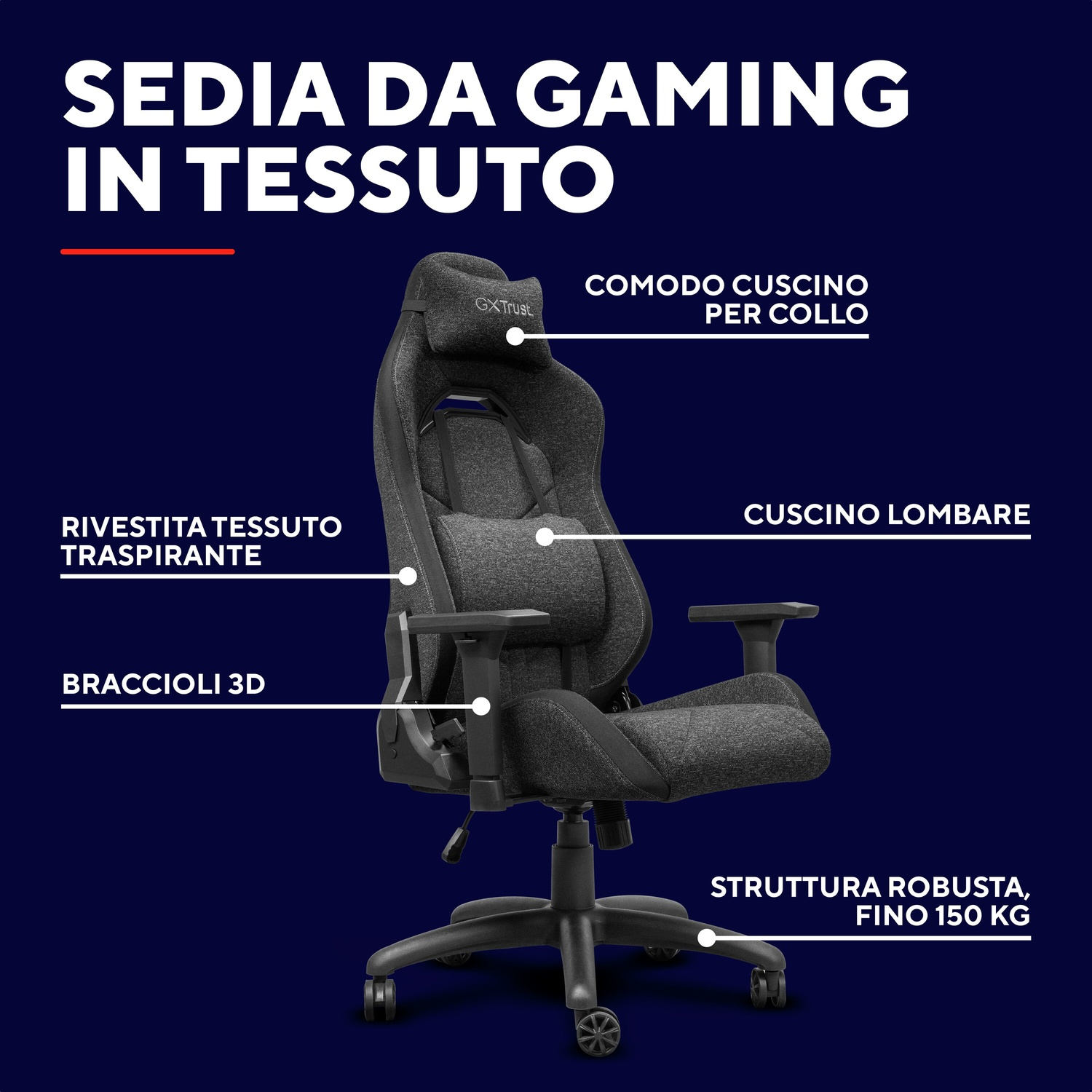 Una sedia da gioco grigio scuro è mostrata con caratteristiche etichettate come poggiatesta, supporto lombare, tessuto traspirante e braccioli 3D.