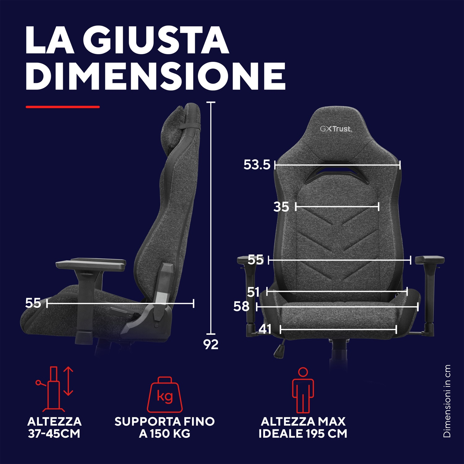 Una sedia da ufficio grigia, le dimensioni sono indicate. Supporta fino a 150 kg ed è ideale per utenti fino a 195 cm.