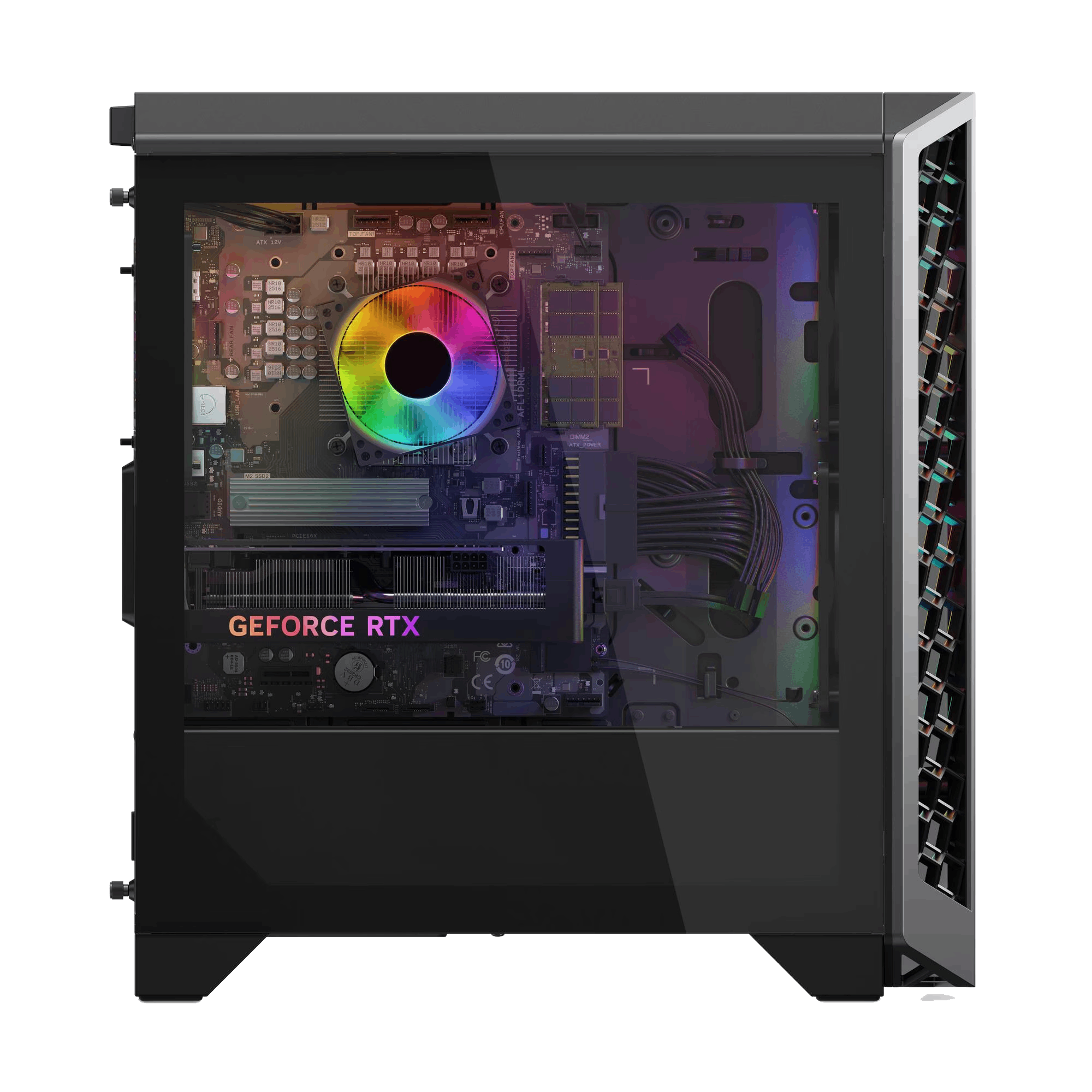 Una caja de computadora con componentes visibles a través de un panel de vidrio. Ventilador arcoíris, GeForce RTX y otras partes visibles.