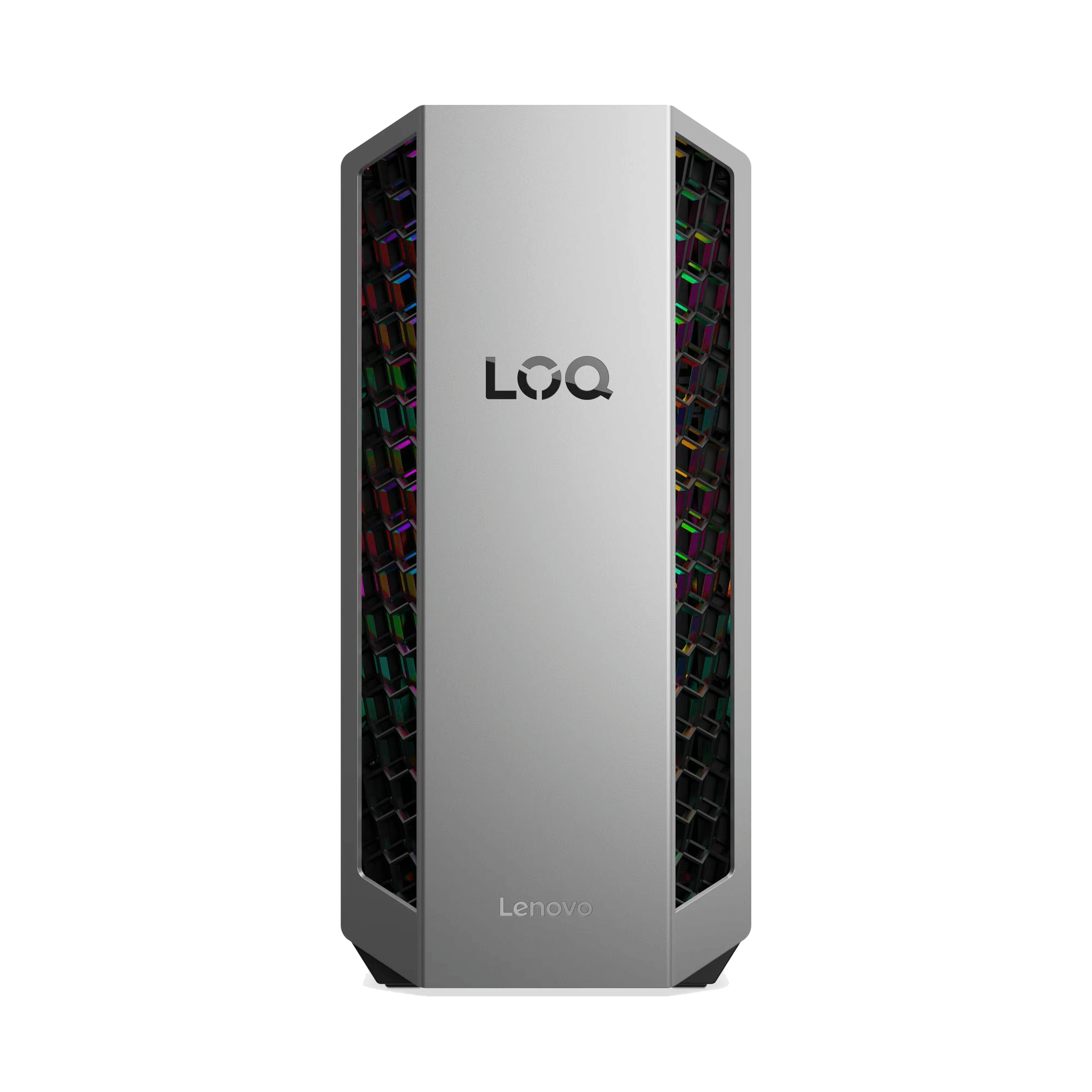 Carcasa de PC Lenovo LOQ plateada con lados de malla hexagonal que muestran luces internas coloridas, fondo negro.