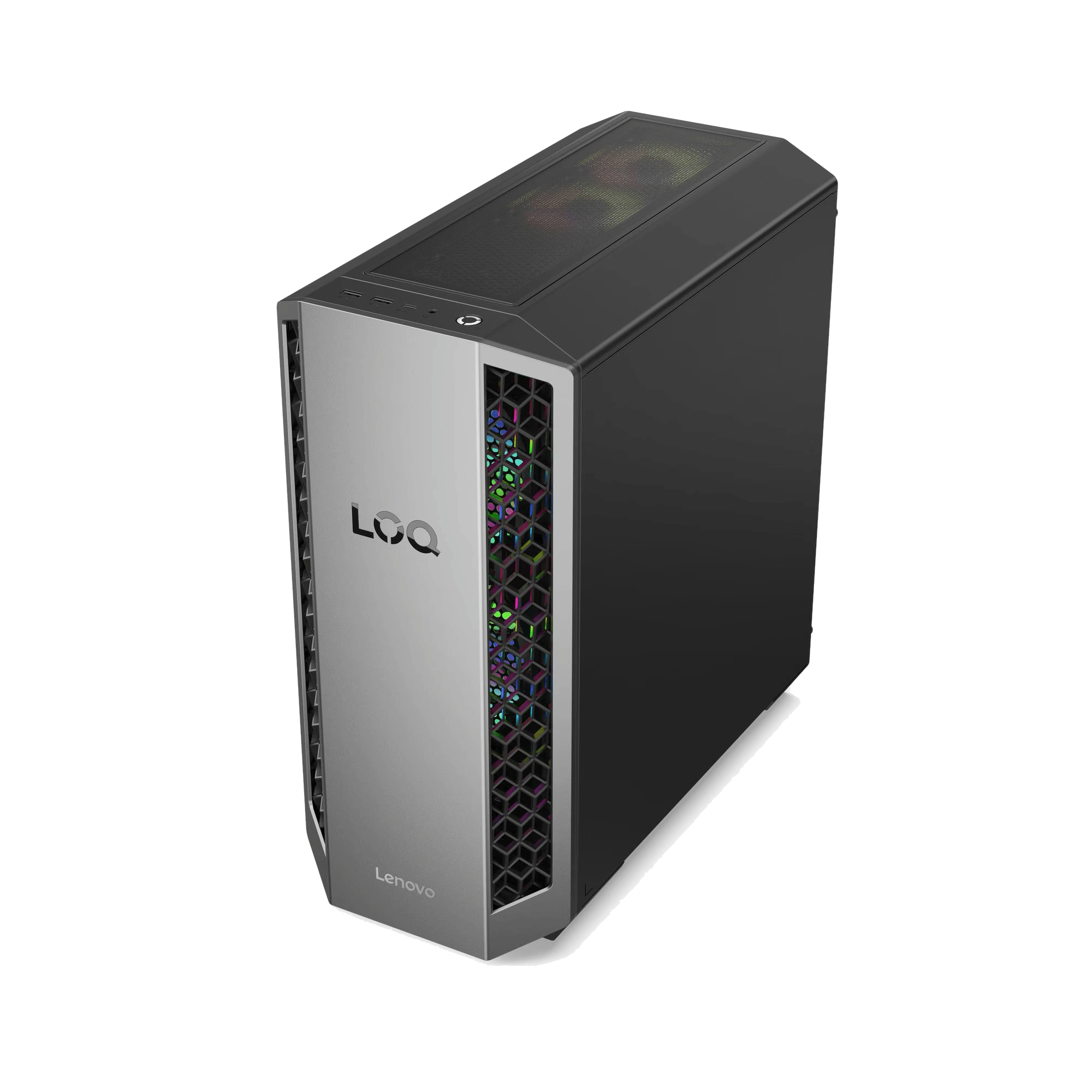 Una carcasa de computadora con frente plateado y lados negros. Tiene un panel frontal iluminado y los logotipos de Lenovo y LOQ.