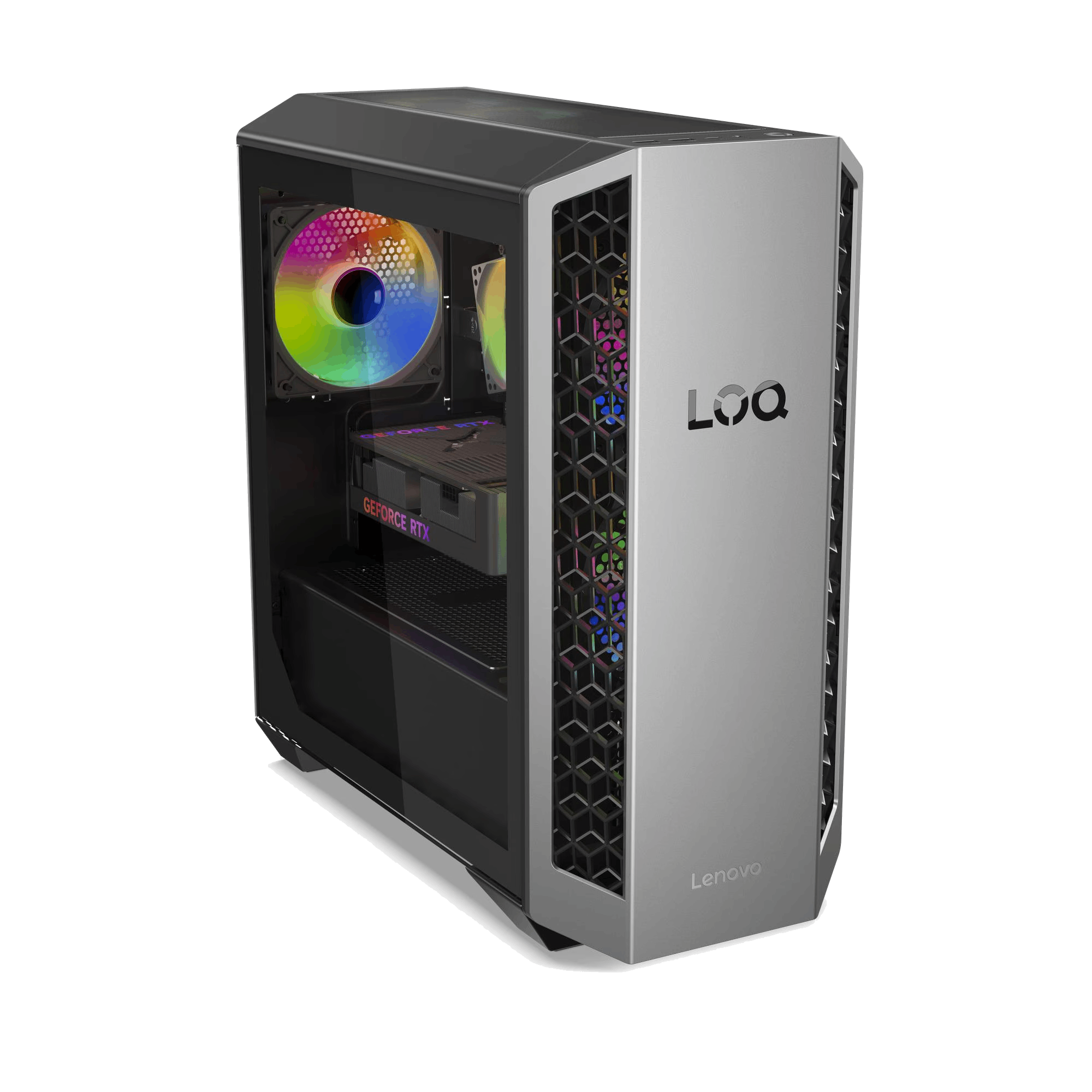 Una carcasa de PC Lenovo LOQ plateada. Tiene un panel lateral de vidrio que muestra componentes internos con ventiladores coloridos.
