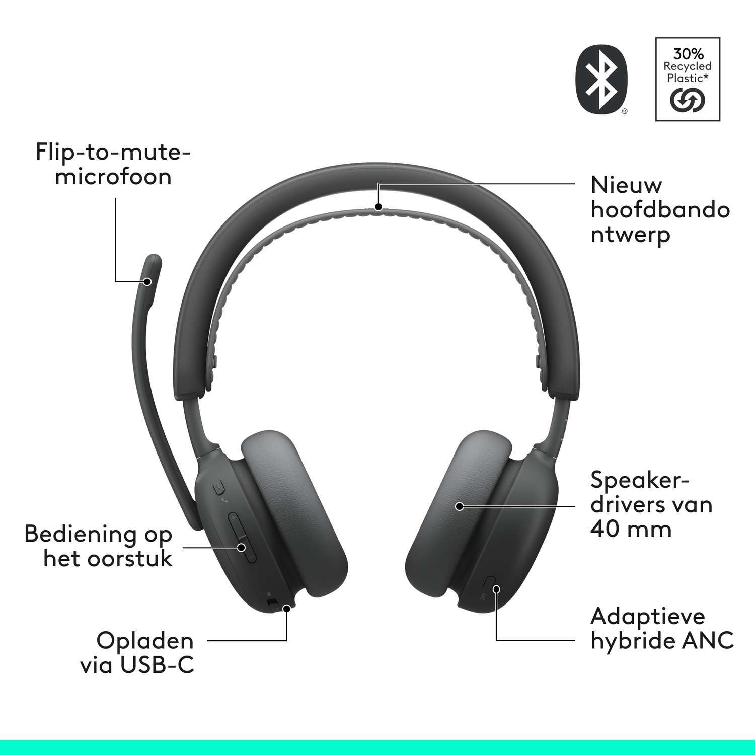 A black headset with a flip-to-mute microphone. Features include controls, USB-C charging, and adaptive hybrid ANC. Bluetooth logo.