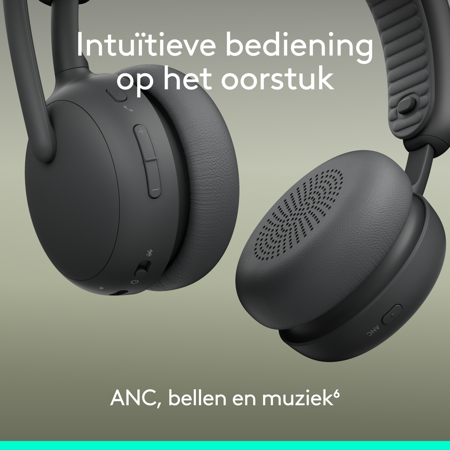 Close-up of two gray headphones. Text says 'Intuitive operation on the earpiece' and 'ANC, calling, and music'.