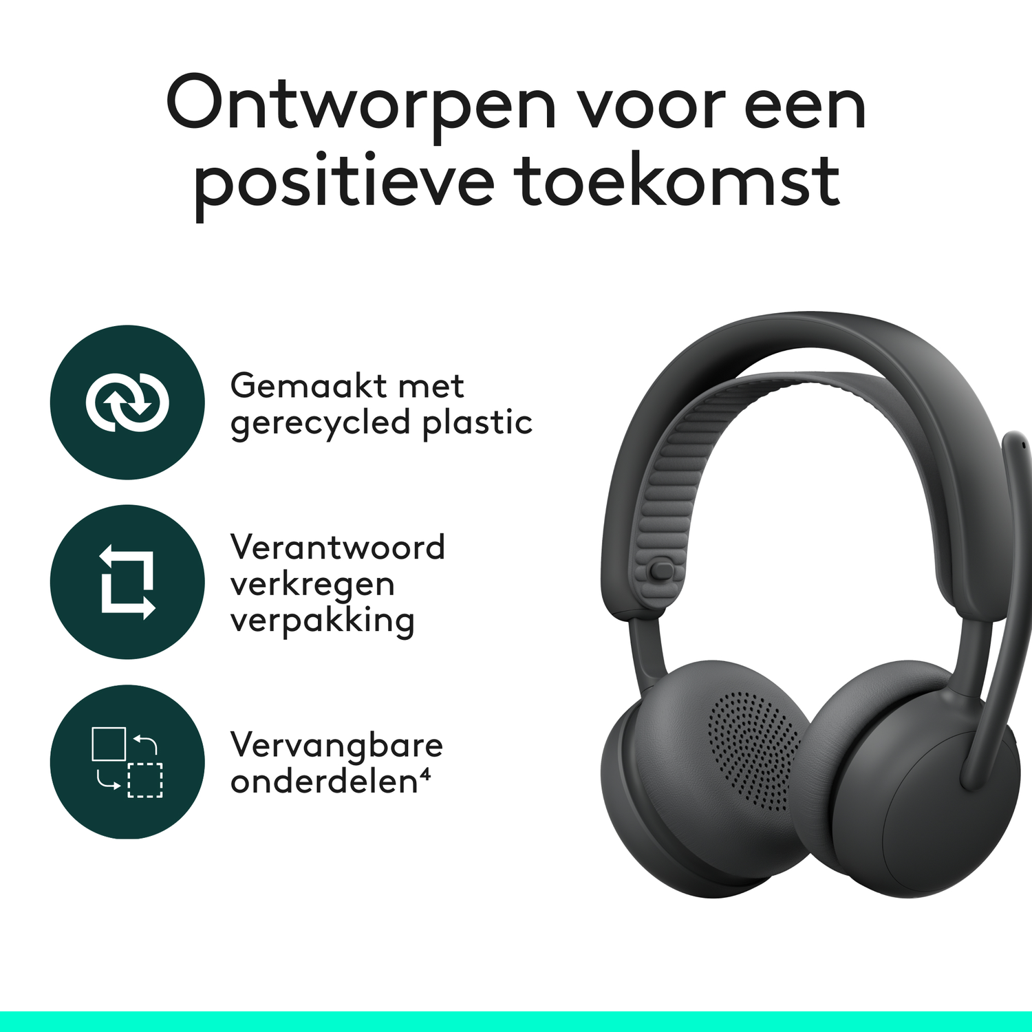 A pair of dark gray headphones with text and icons. Text promotes features: recycled plastic, responsible packaging, and replaceable parts.