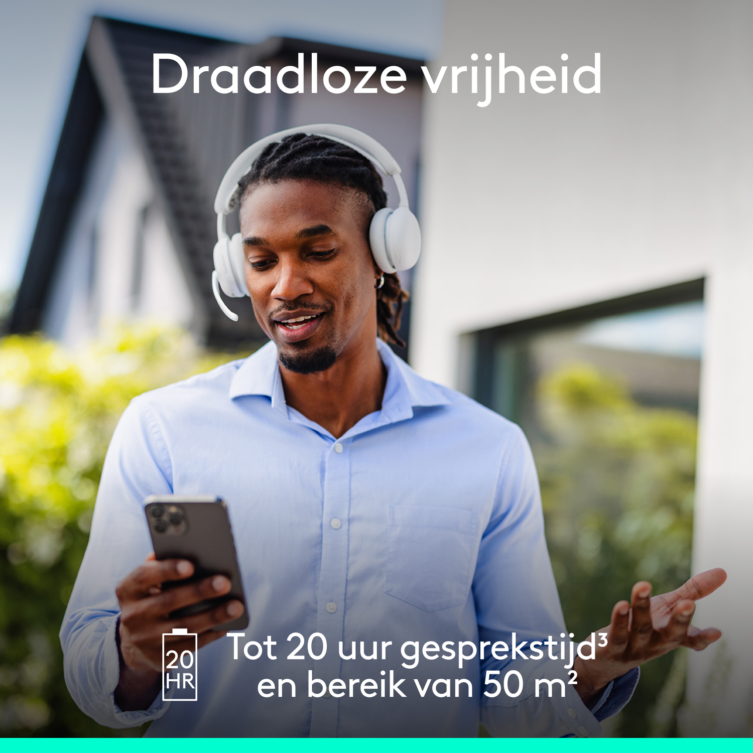 A man wearing headphones, holding a phone. Text indicates 20 hours talk time and 50m range. The background is a house.