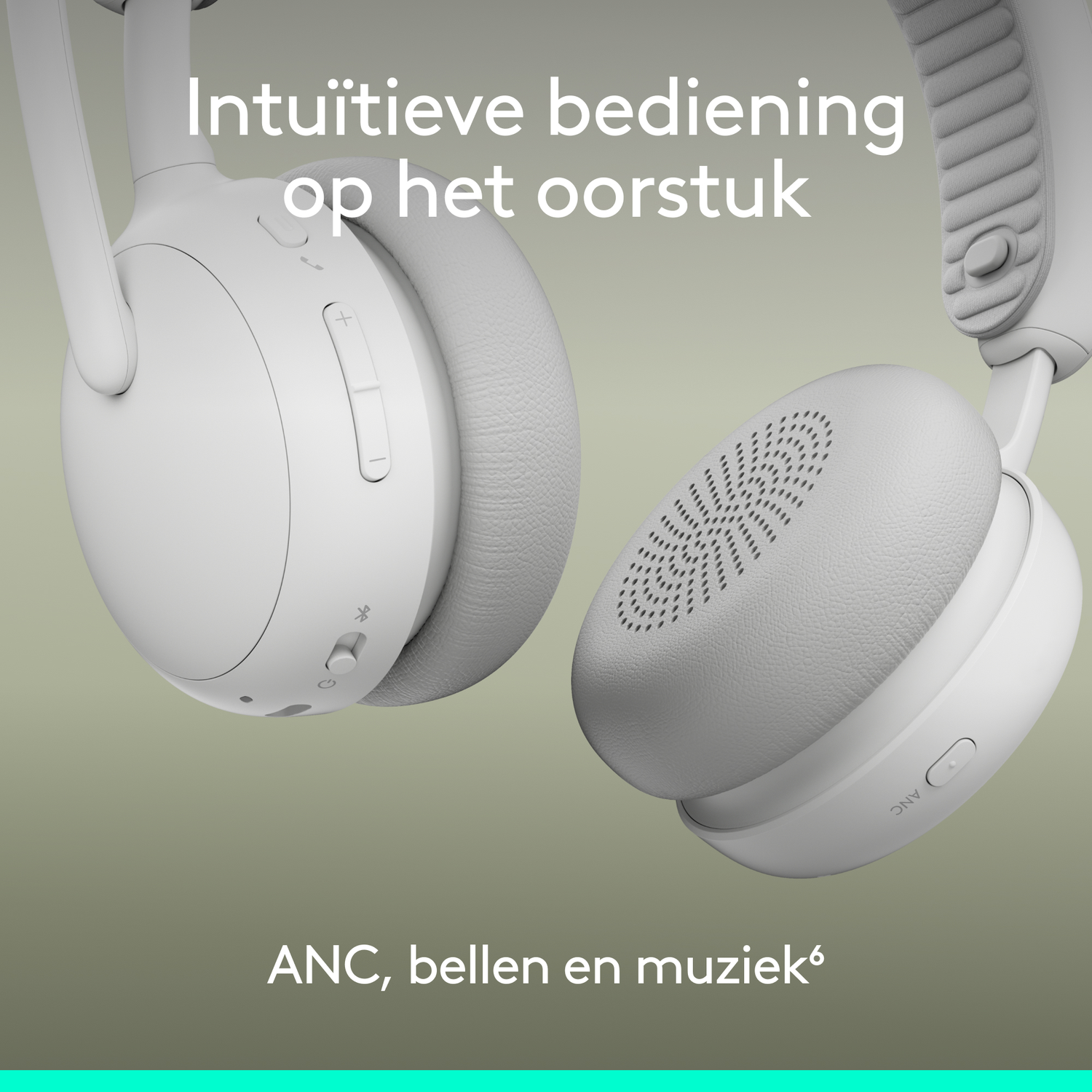 Two white headphones with text: 'Intuitive control on the earpiece' and 'ANC, calling and music'. Background is green.