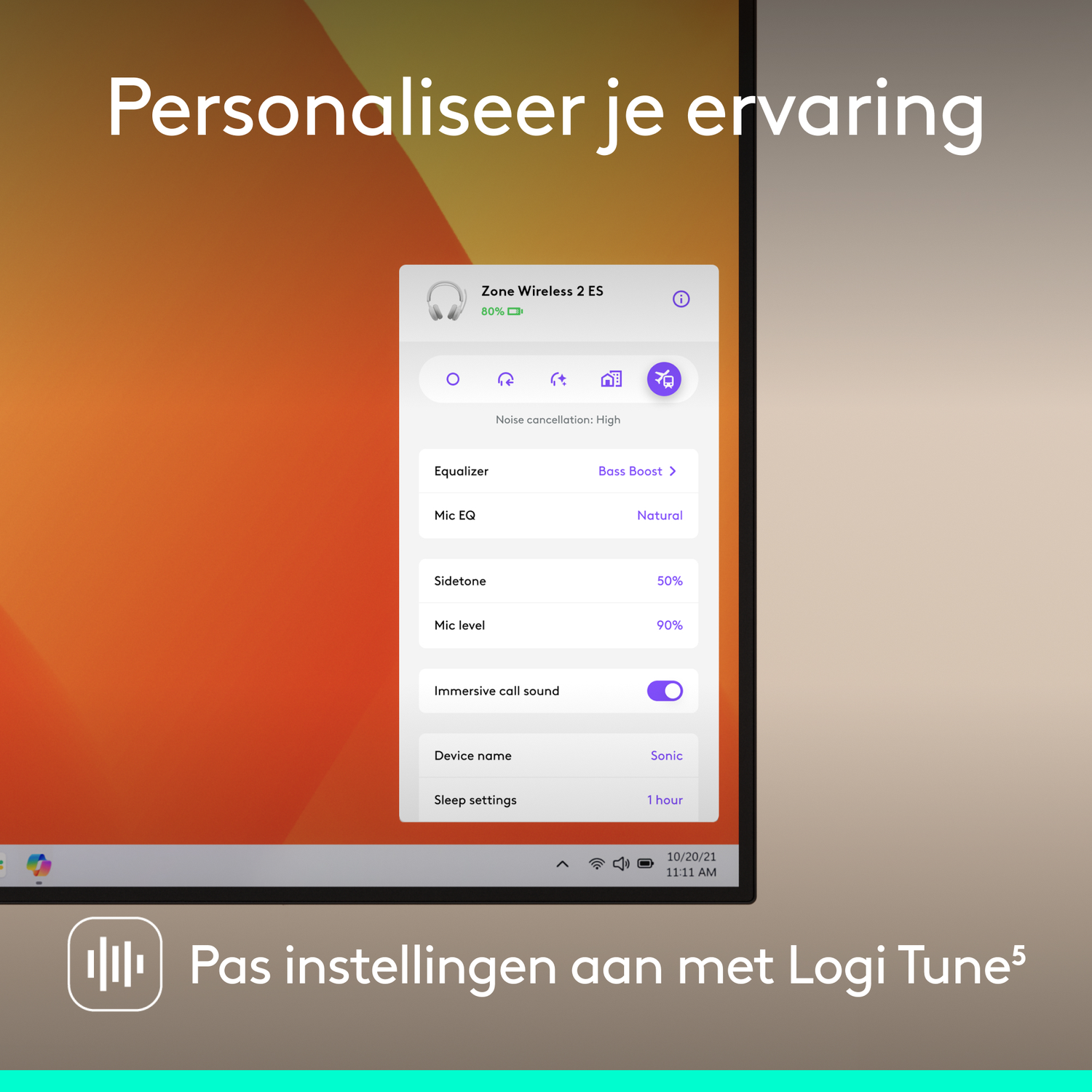 Screenshot of Logi Tune software, showing settings for Zone Wireless 2 ES headphones. Displays equalizer, mic EQ, sidetone, and mic level settings.