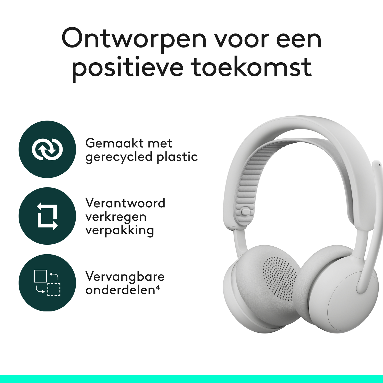 White headphones with text in Dutch about a positive future and recycled plastic, responsible packaging, and replaceable parts.