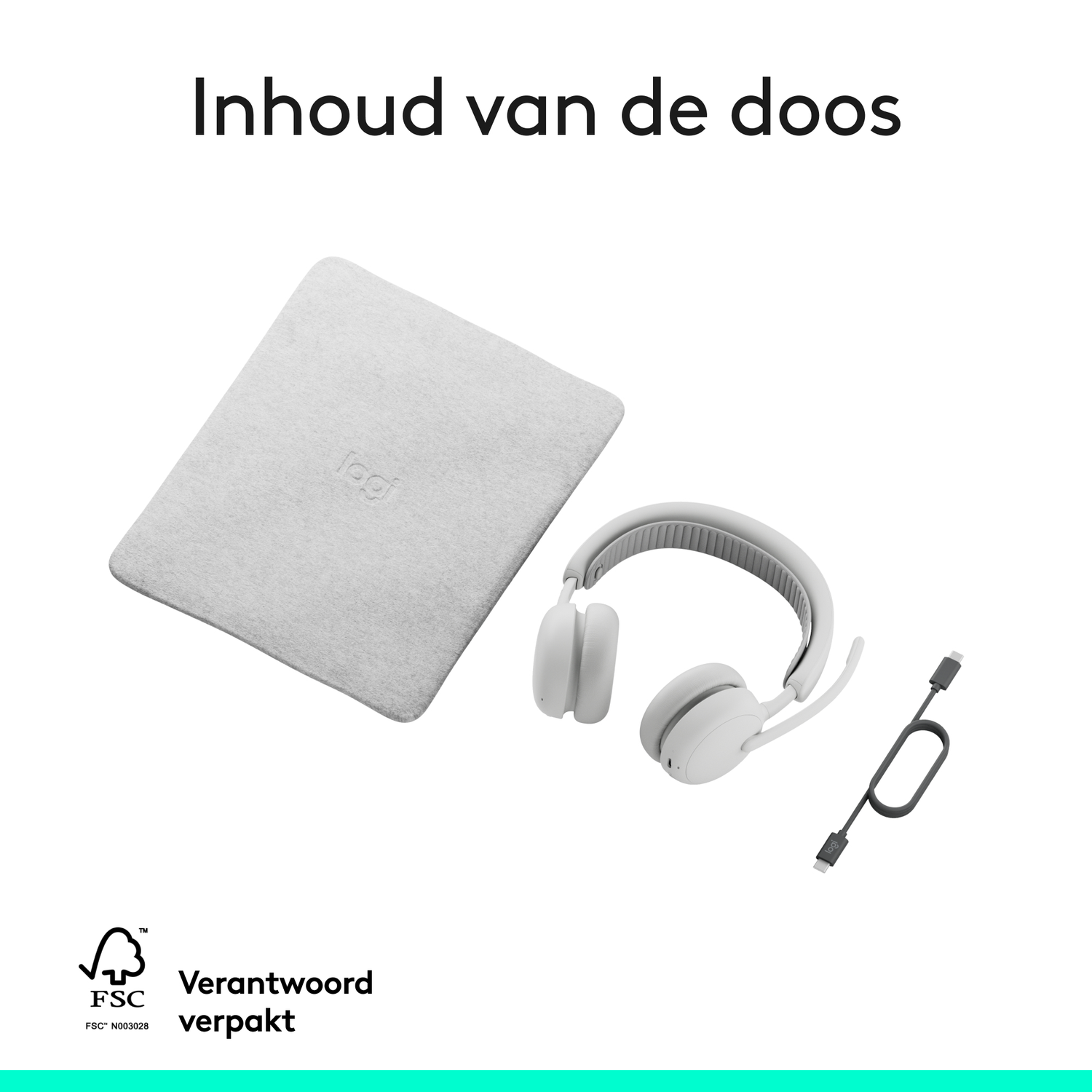 White headphones, a case with the Logitech logo, and a charging cable are on a white surface. Text at the top says 'Inhoud van de doos'.