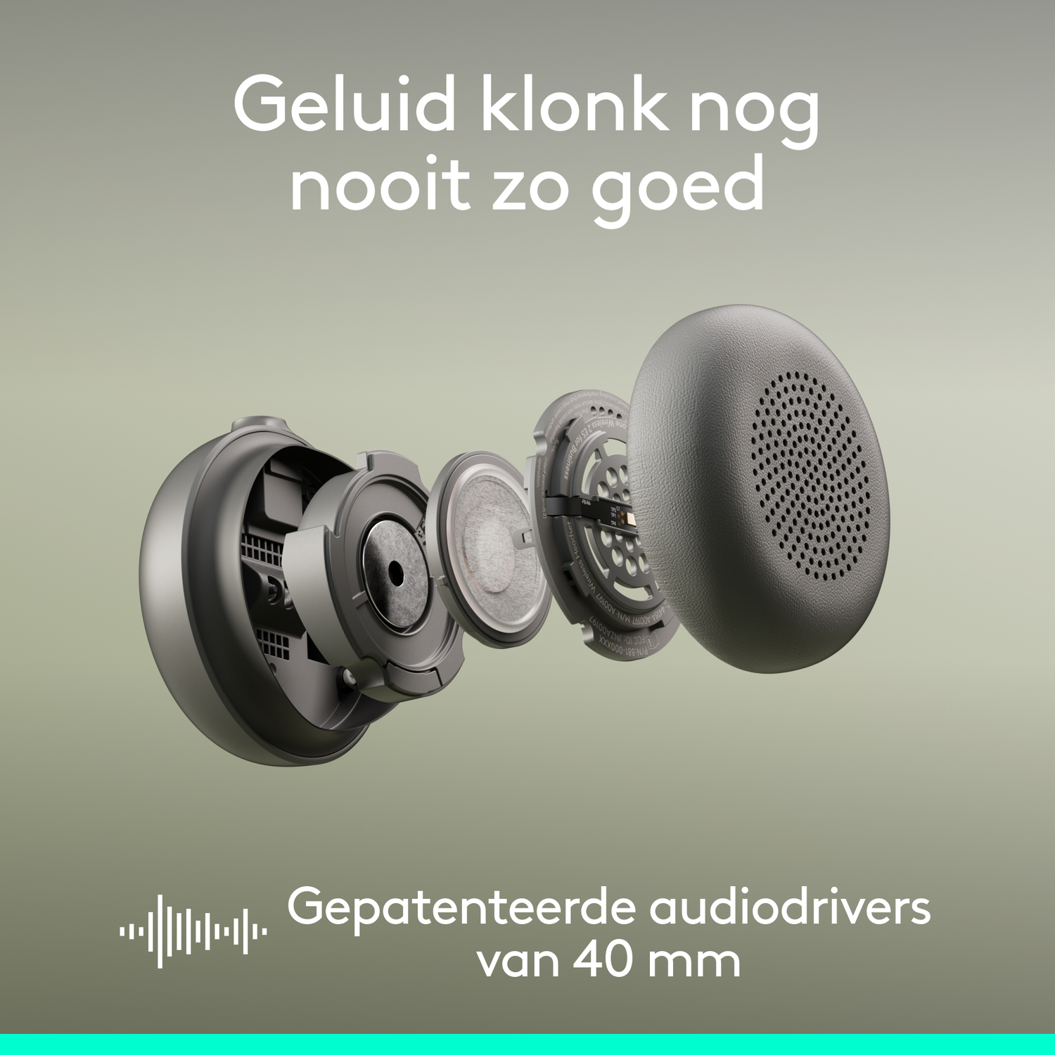 An exploded view of headphones showcasing its components. Text at the top says 'Sound never sounded so good.'