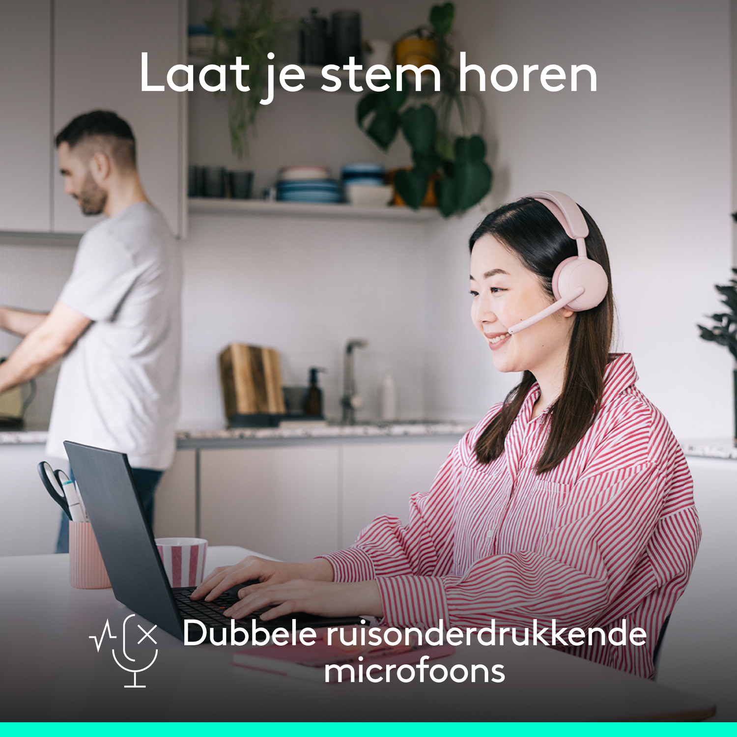 A woman with a headset types on a laptop. A man is in the background. Text says, 'Let your voice be heard,' and 'Dual noise-canceling microphones'.