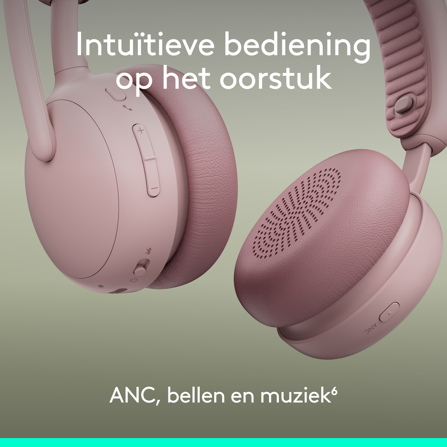 Two pink headphones are displayed against a green background. Text in white says 'Intuitive operation on the earpiece' and 'ANC, call and music'.