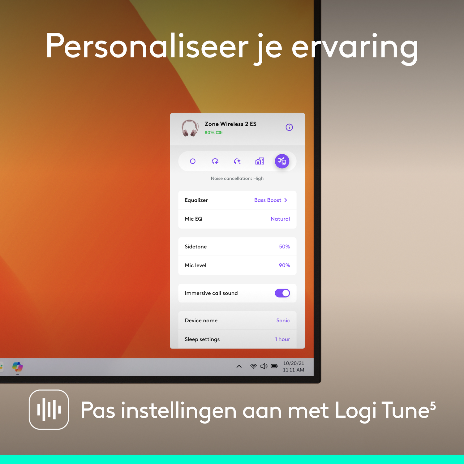 Screenshot of Logi Tune app. Shows settings for Zone Wireless 2 ES headphones, including equalizer, mic EQ, and sleep settings.