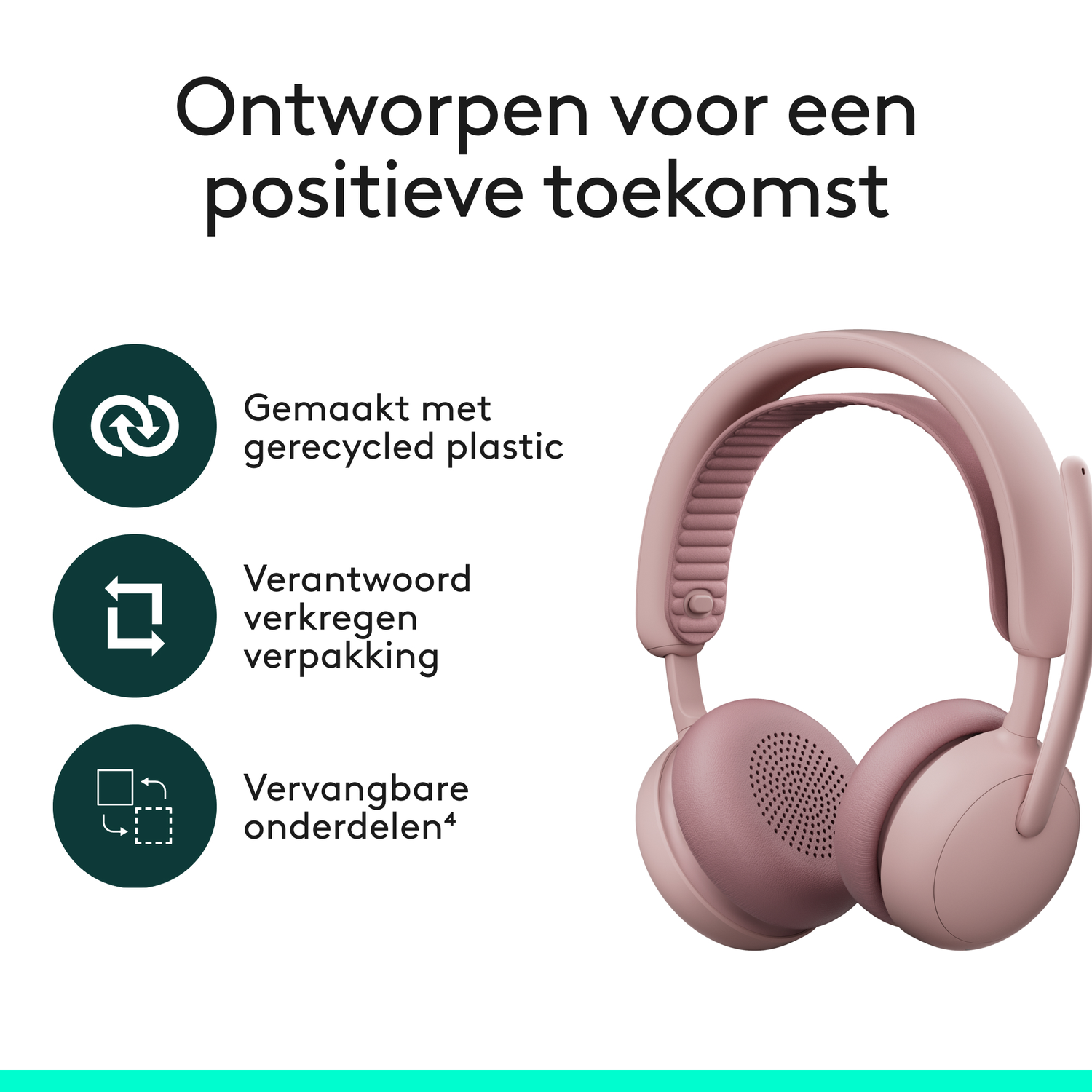 Pink headphones on white background with text in Dutch about positive future, recycled plastic, responsible packaging, and replaceable parts.