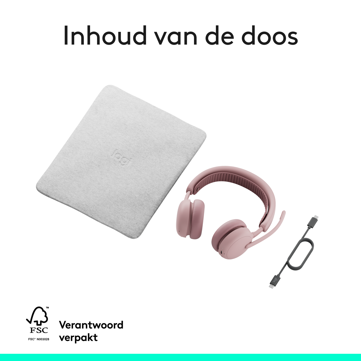 The box contents include a light gray case, pink headphones, and a black charging cable. The background is white.