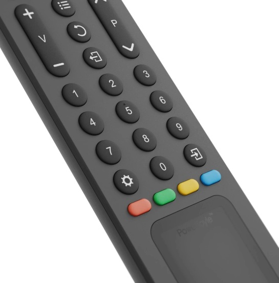 Zbliżenie czarnego pilota. Ma wiele przycisków, w tym numery, głośność i przycisk zasilania. Niektóre przyciski są kolorowe.