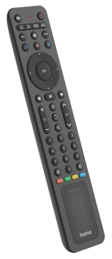 Ciemnoszary pilot Hama z przyciskami głośności, kanałów i nawigacji, w tym touchpad i logo 'hama'.