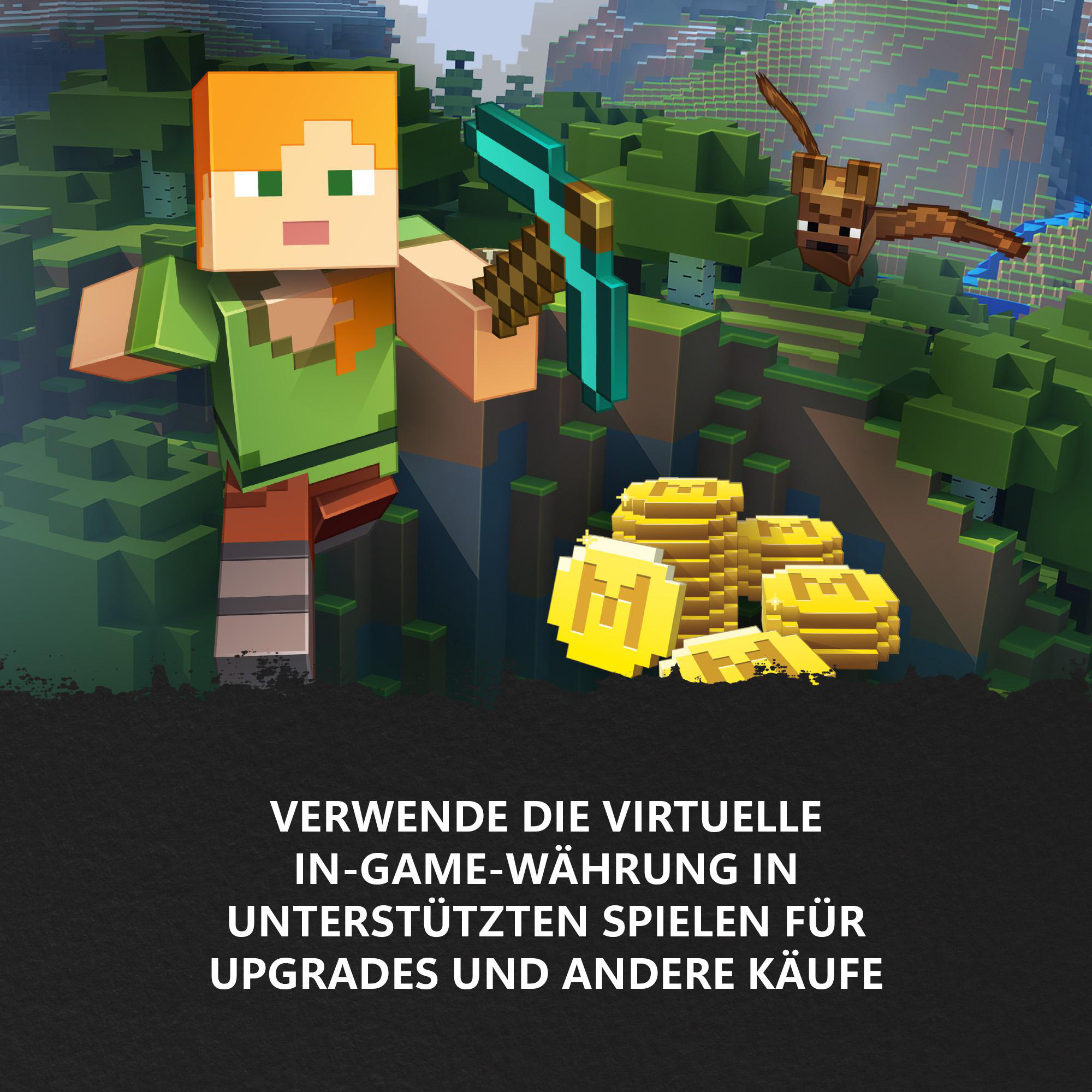 Minecraft-Figur mit Spitzhacke, Münzen und einer fliegenden Fledermaus. Text: Nutze In-Game-Währung für Upgrades und andere Käufe.